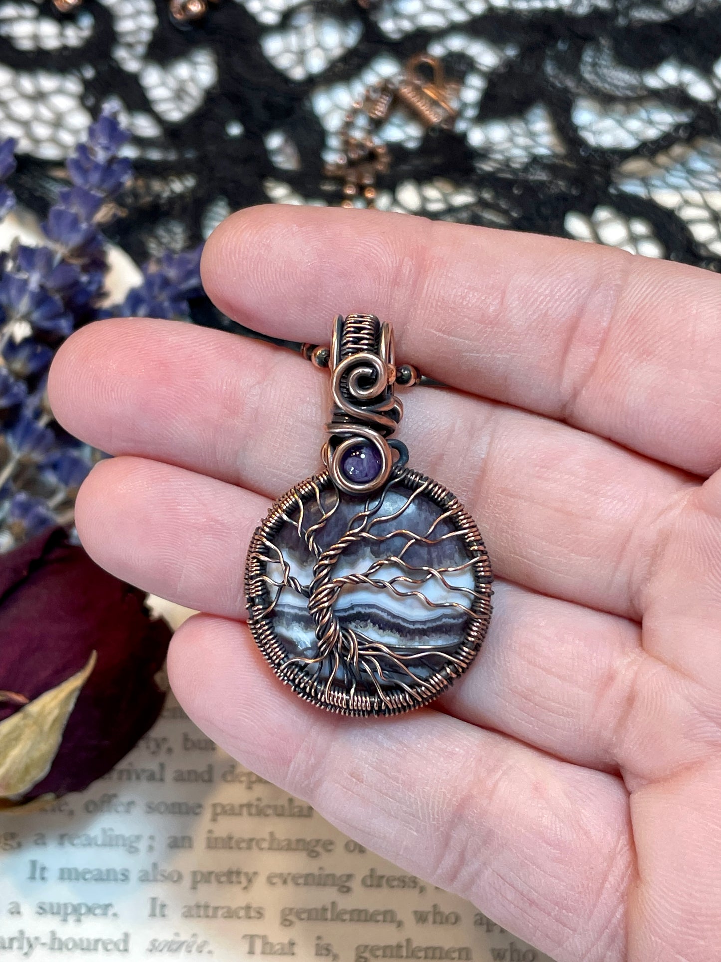 Amethyst Lace Agate mini Tree of Life Pendant in Copper