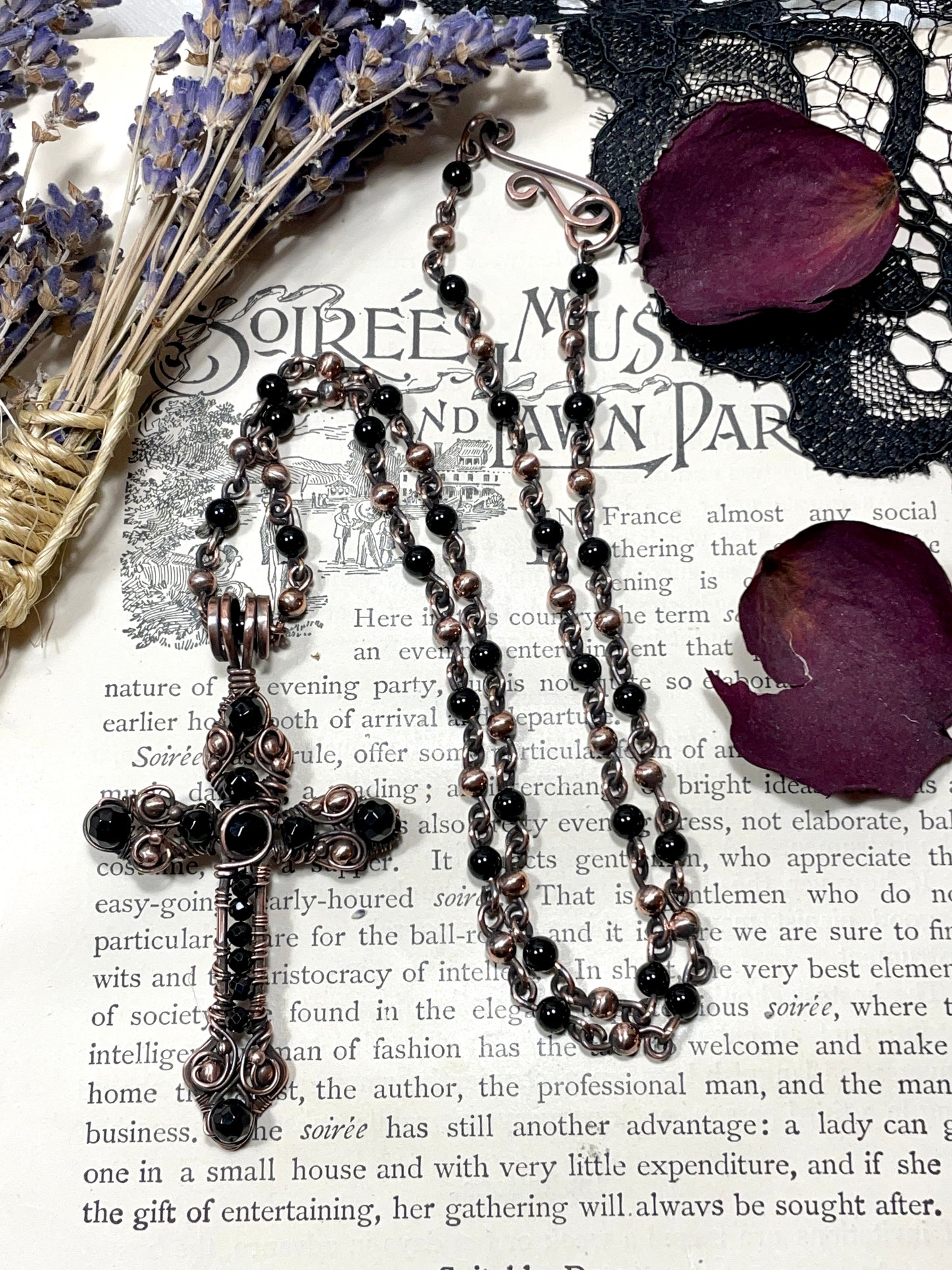 Onyx Gothic Cross Pendant in Antiqued Copper