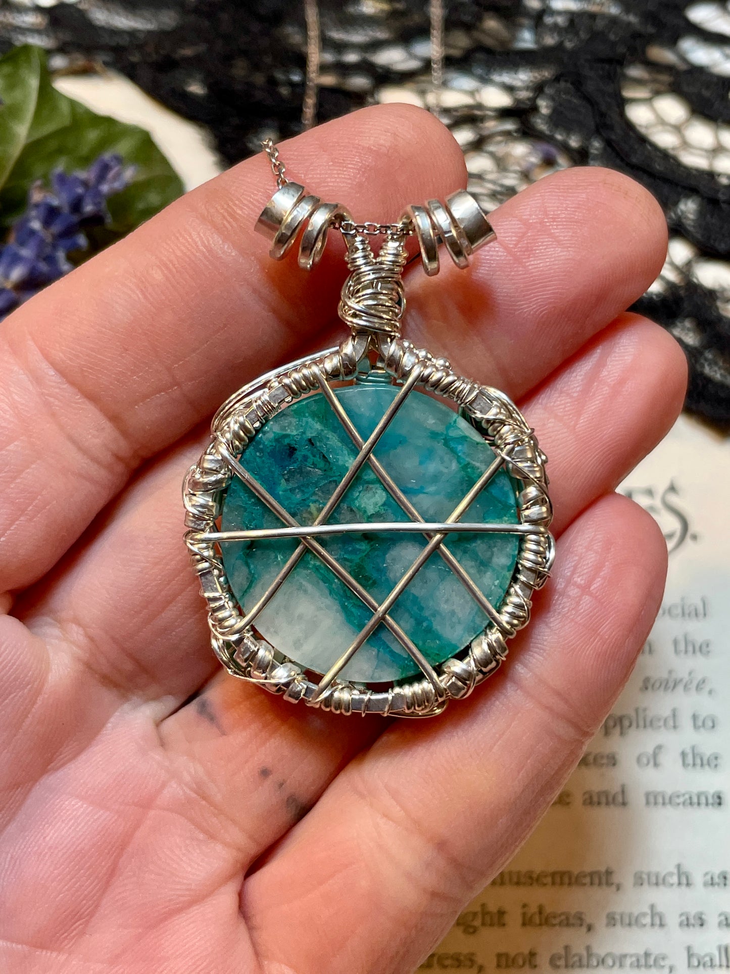 Chrysocolla Quartz Pentacle Pendant in Sterling Silver