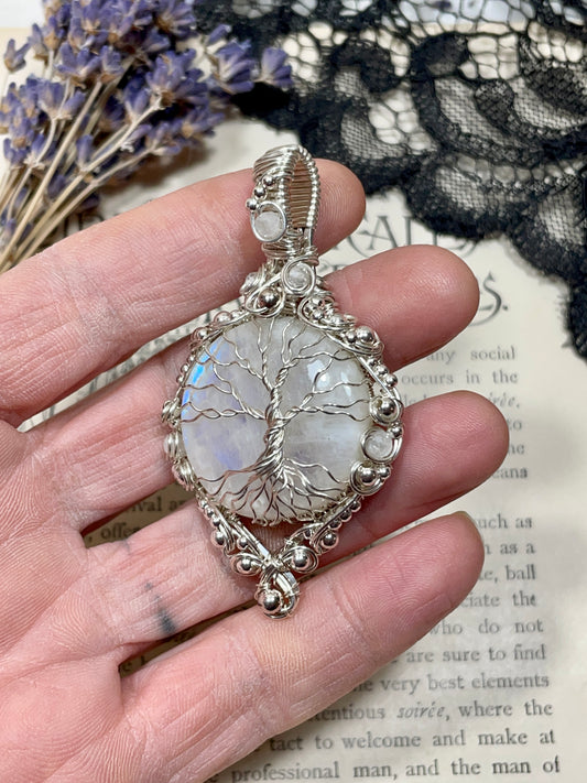 Moonstone (Rainbow Moonstone) Tree of Life Pendant in Sterling Silver