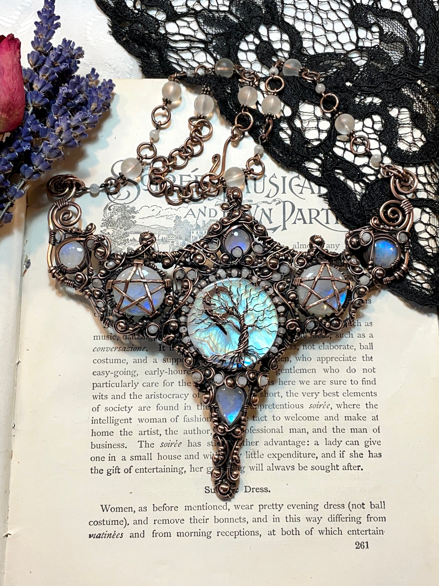 Moonstone (Rainbow Moonstone) Tree of Life Pentacle Collar in Copper (Matching Earrings included)