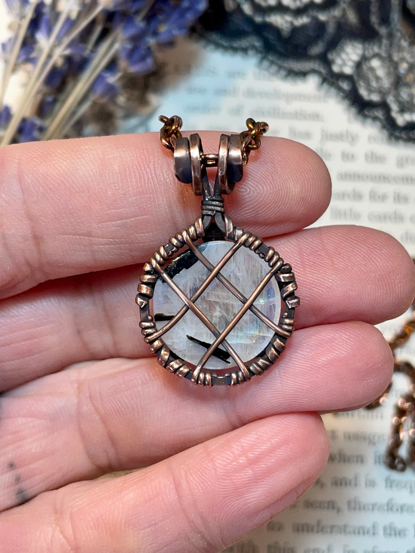 Moonstone (Rainbow Moonstone) Mini Pentacle Pendant in Antiqued Copper