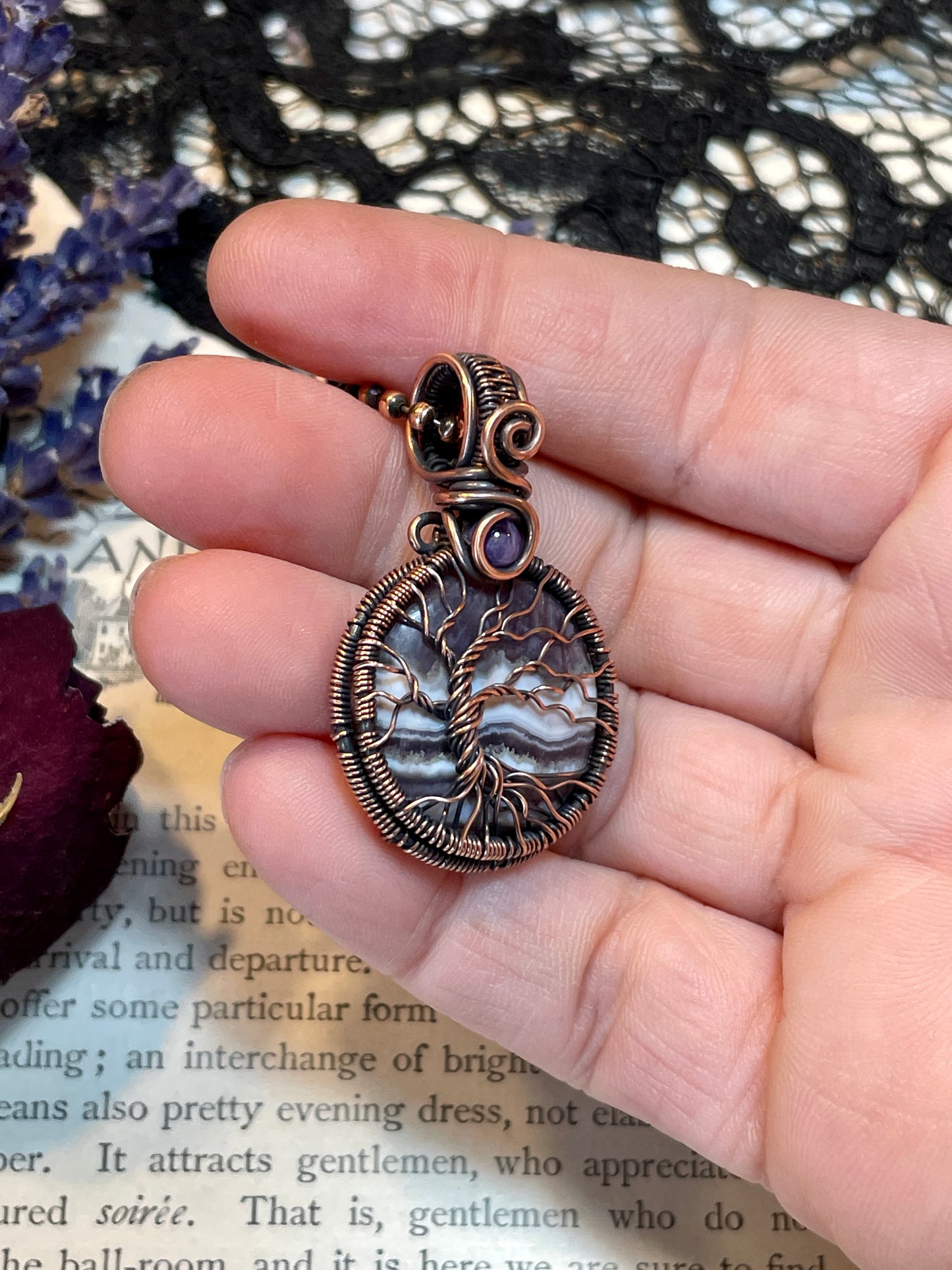 Amethyst Lace Agate mini Tree of Life Pendant in Copper