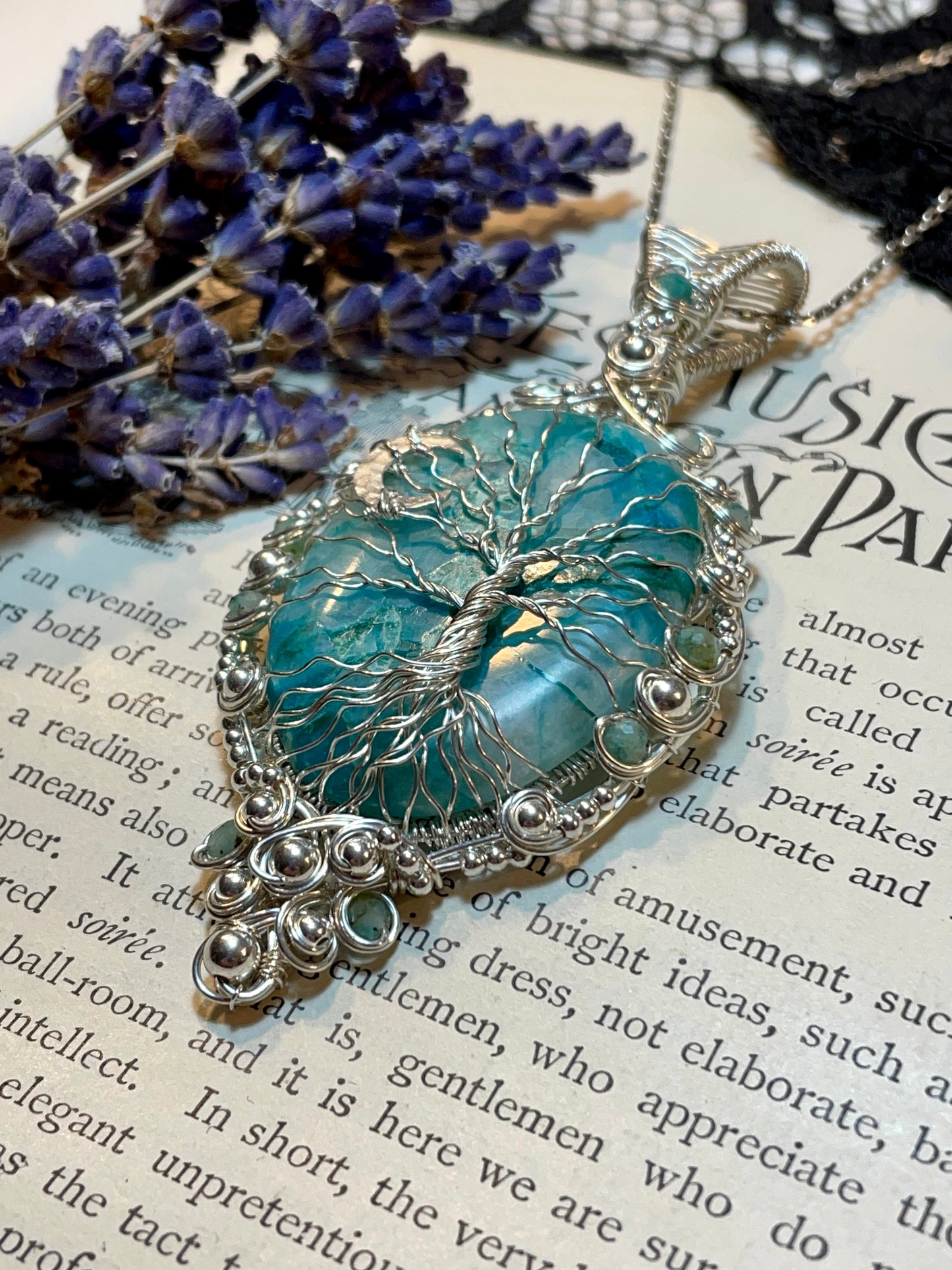 Chrysocolla Quartz Tree of Life Pendant in Sterling Silver