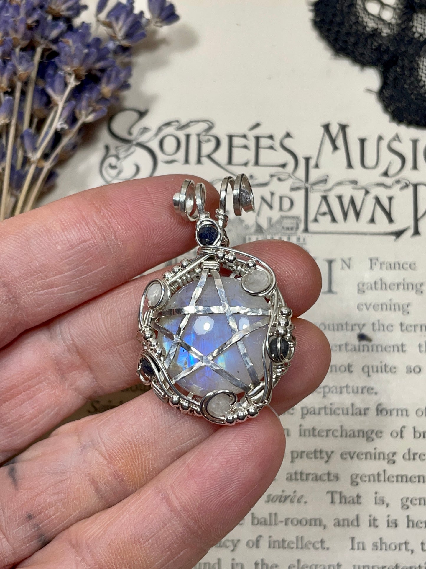 Moonstone (Rainbow Moonstone) Pentacle Pendant in Sterling Silver