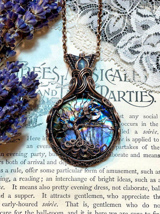 Labradorite Crescent Moon Tree of Life Amulet in Copper