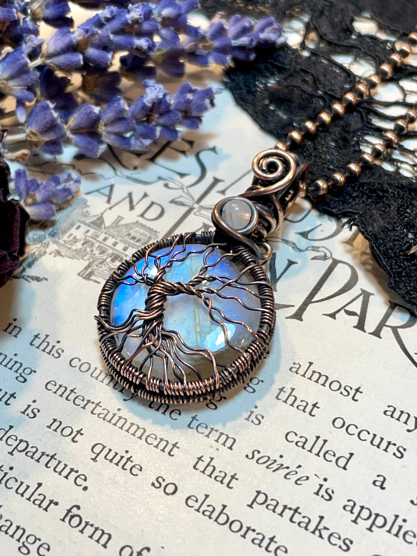 Rainbow Moonstone mini Tree of Life Amulet in Copper