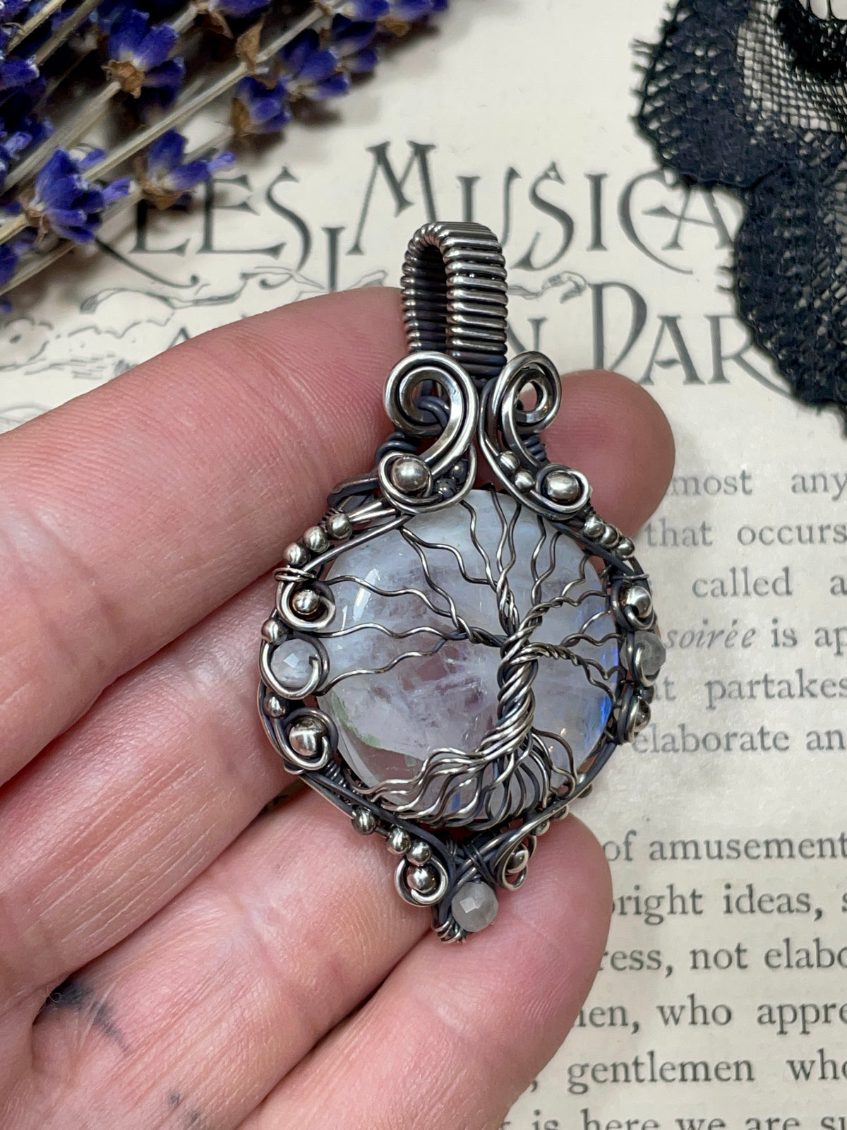Moonstone (Rainbow Moonstone) Tree of Life Pendant in Sterling Silver