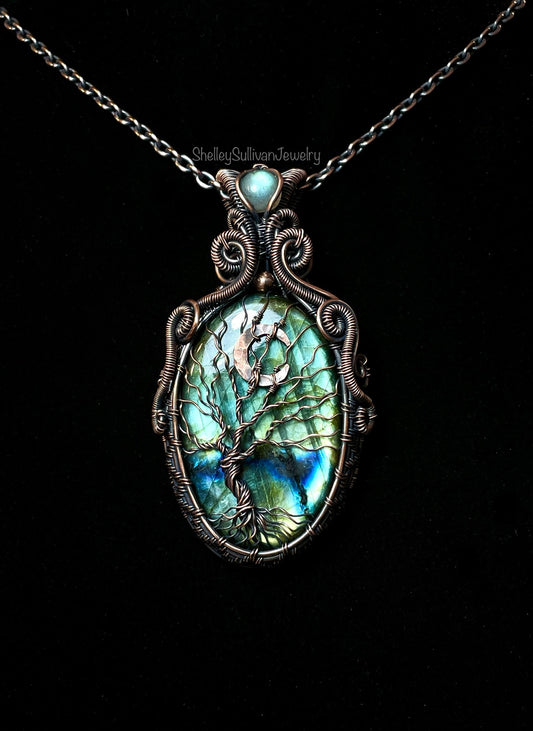 Labradorite Crescent Moon Tree of Life Amulet in Copper