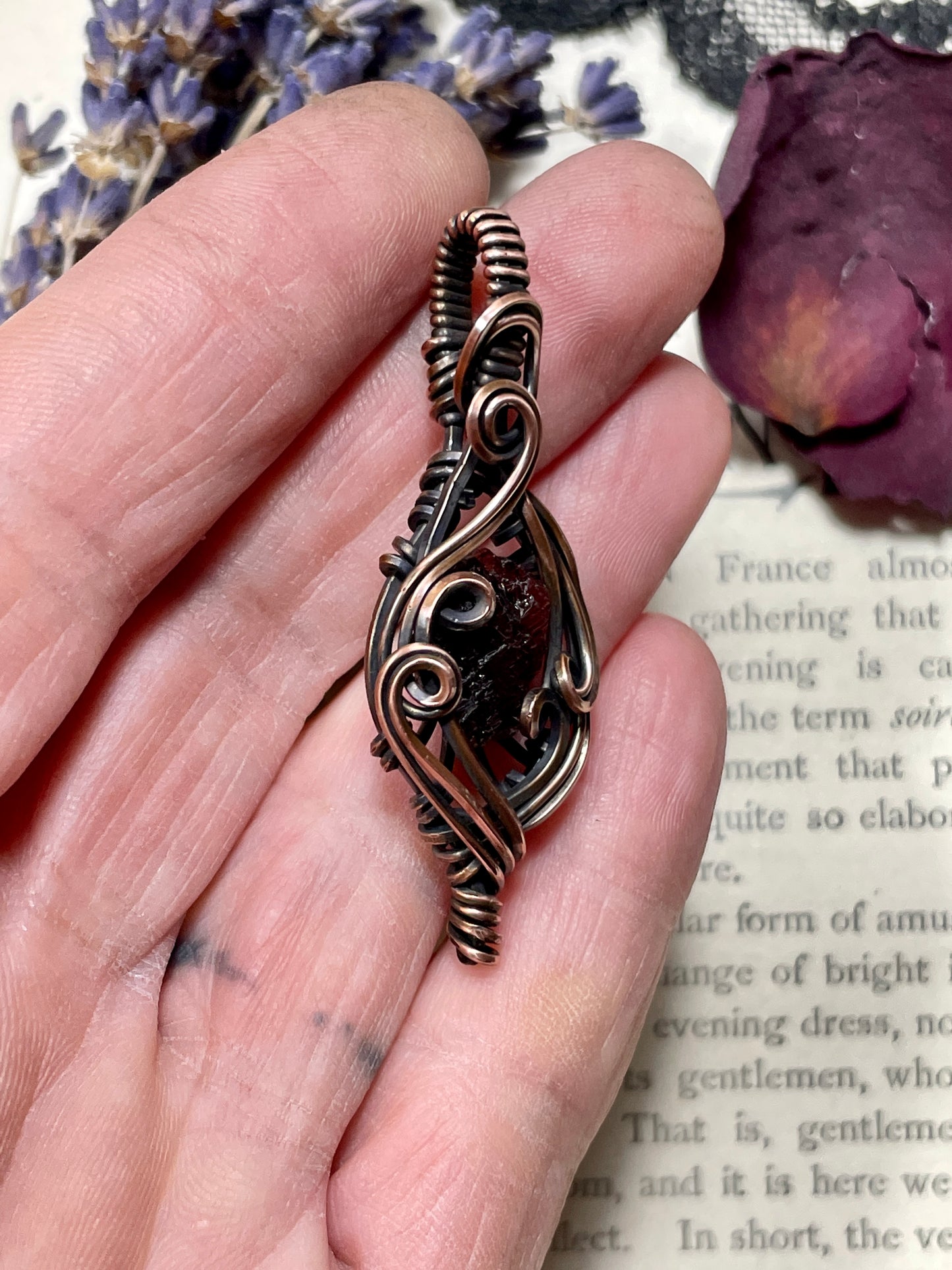 Garnet (Natural Raw Etched Spessartine Garnet) Pendant in Copper