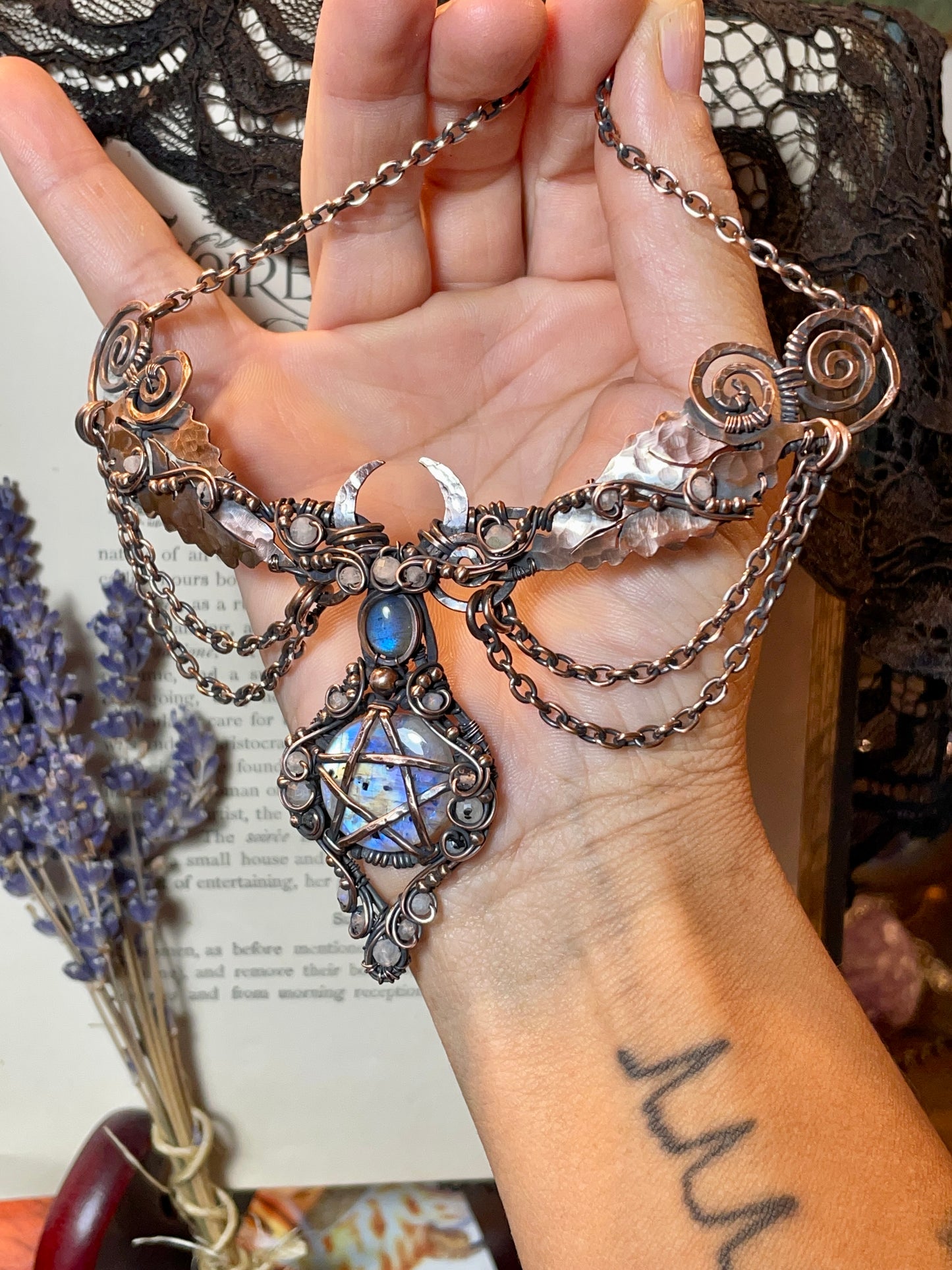 Moonstone (Rainbow Moonstone) Pentacle Collar in Copper