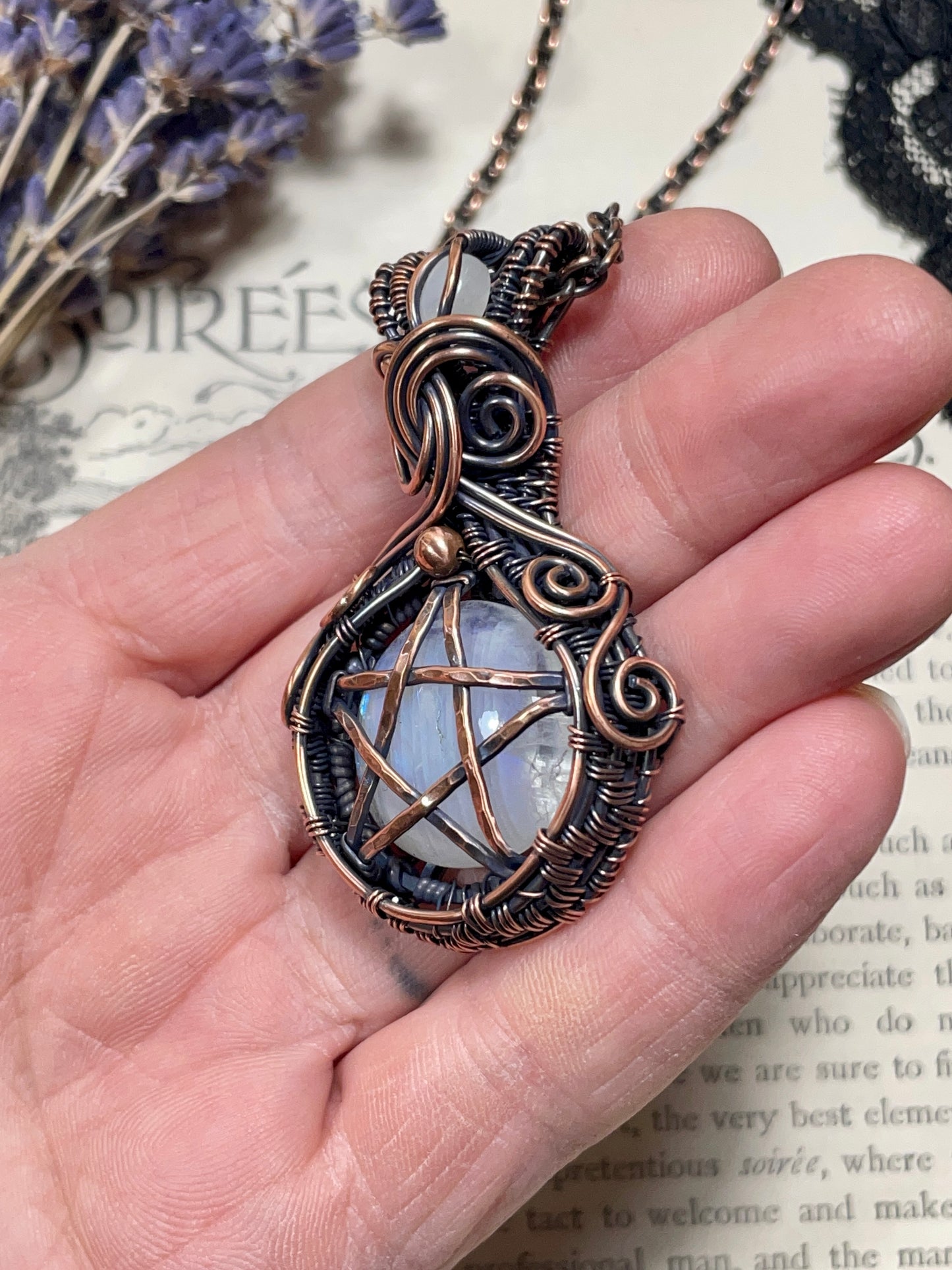 Moonstone (Rainbow Moonstone) Pentacle Pendant in Copper