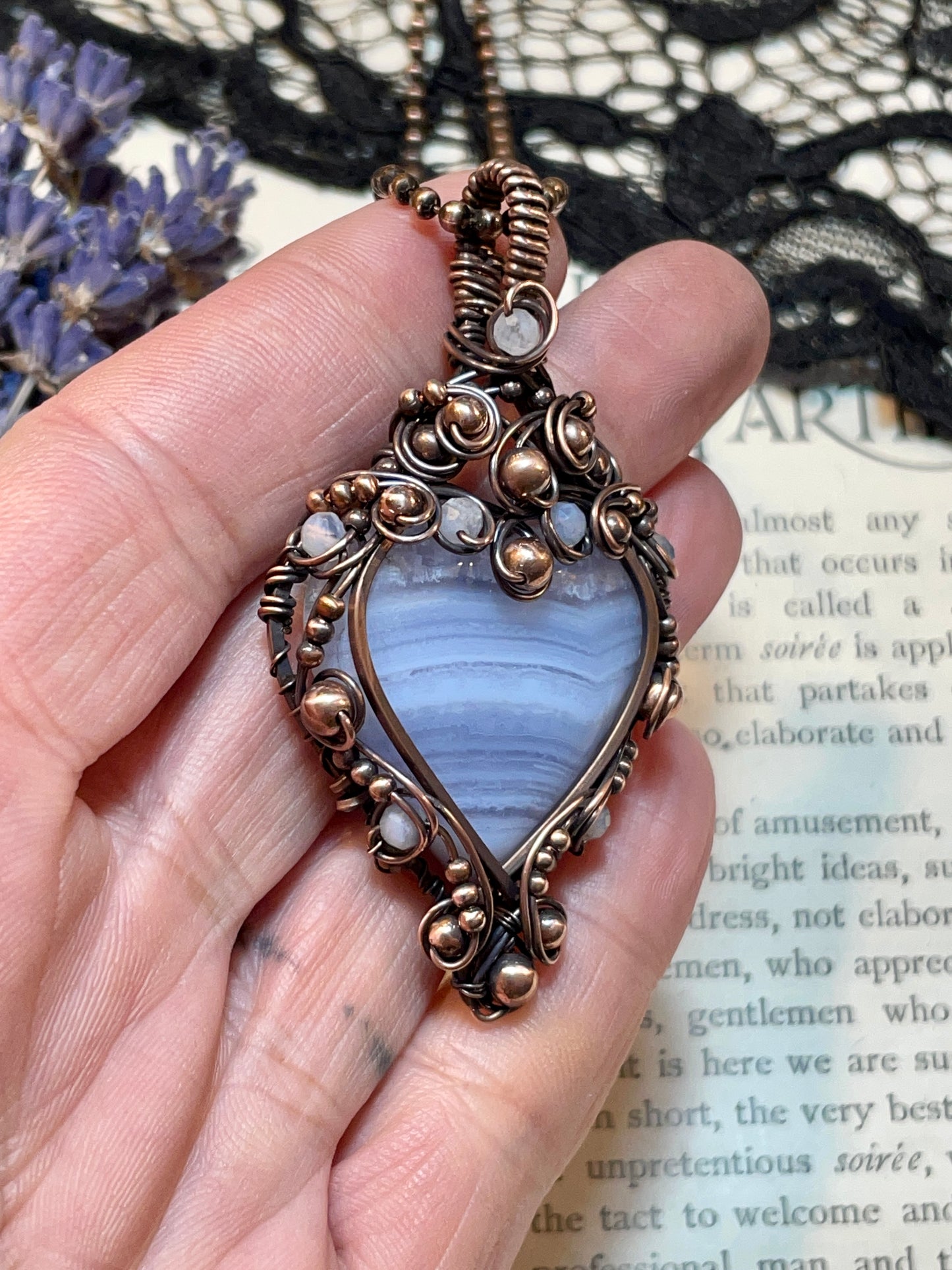 Blue Lace Agate Heart Pendant in Copper