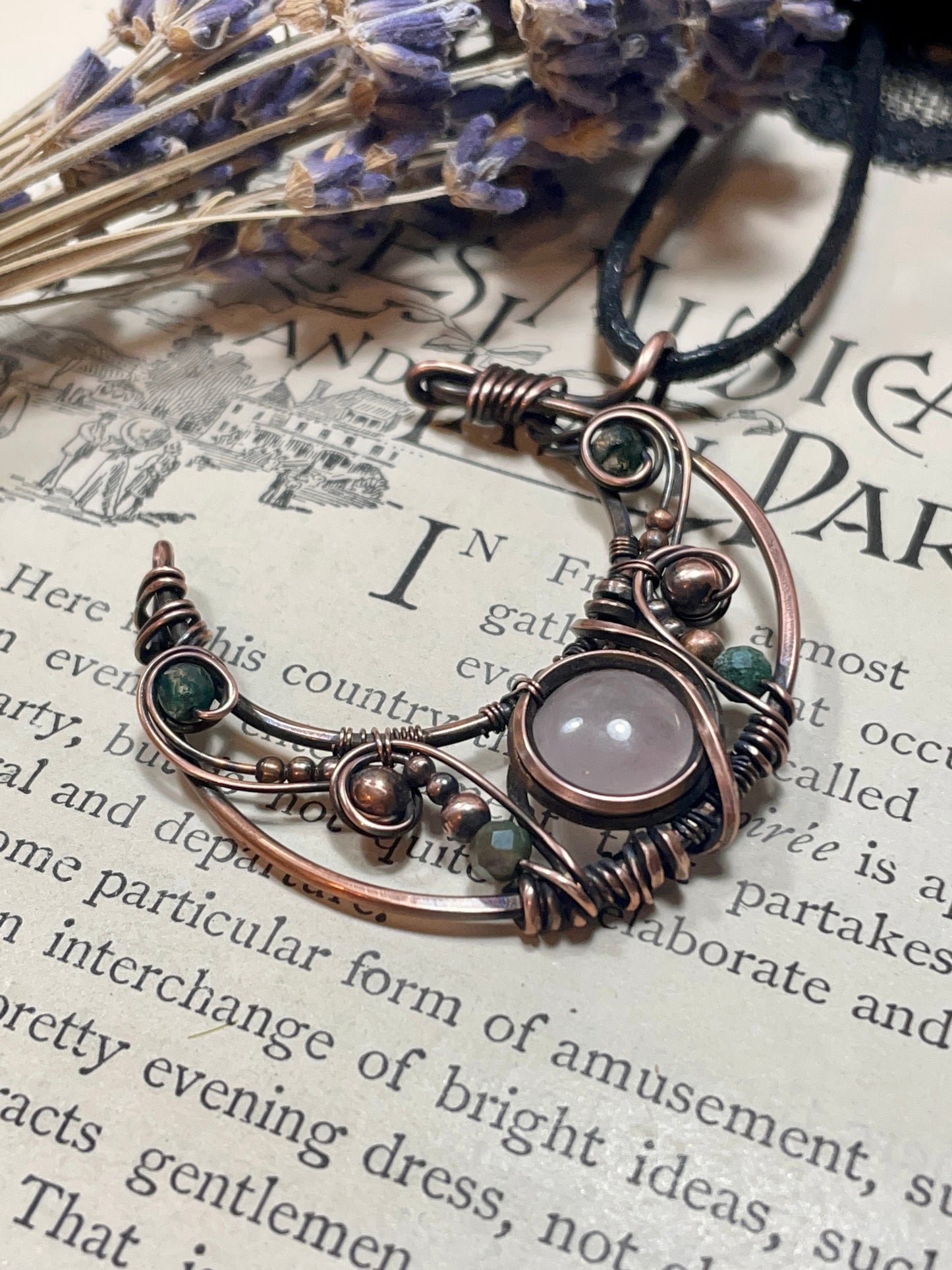 Rose Quartz & Moss Agate Crescent Moon Pendant in Copper