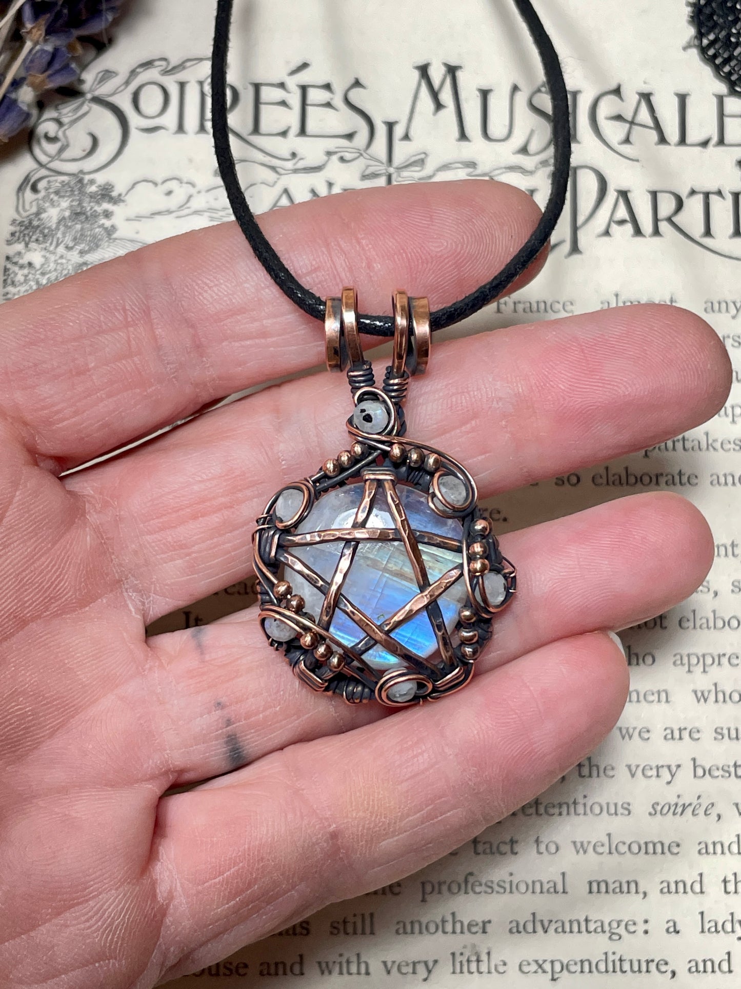 Moonstone (Rainbow Moonstone) Pentacle Pendant in Copper