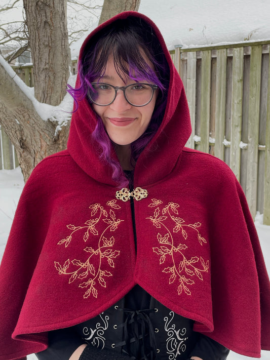 Holly King Red Wool Capelet in Gold