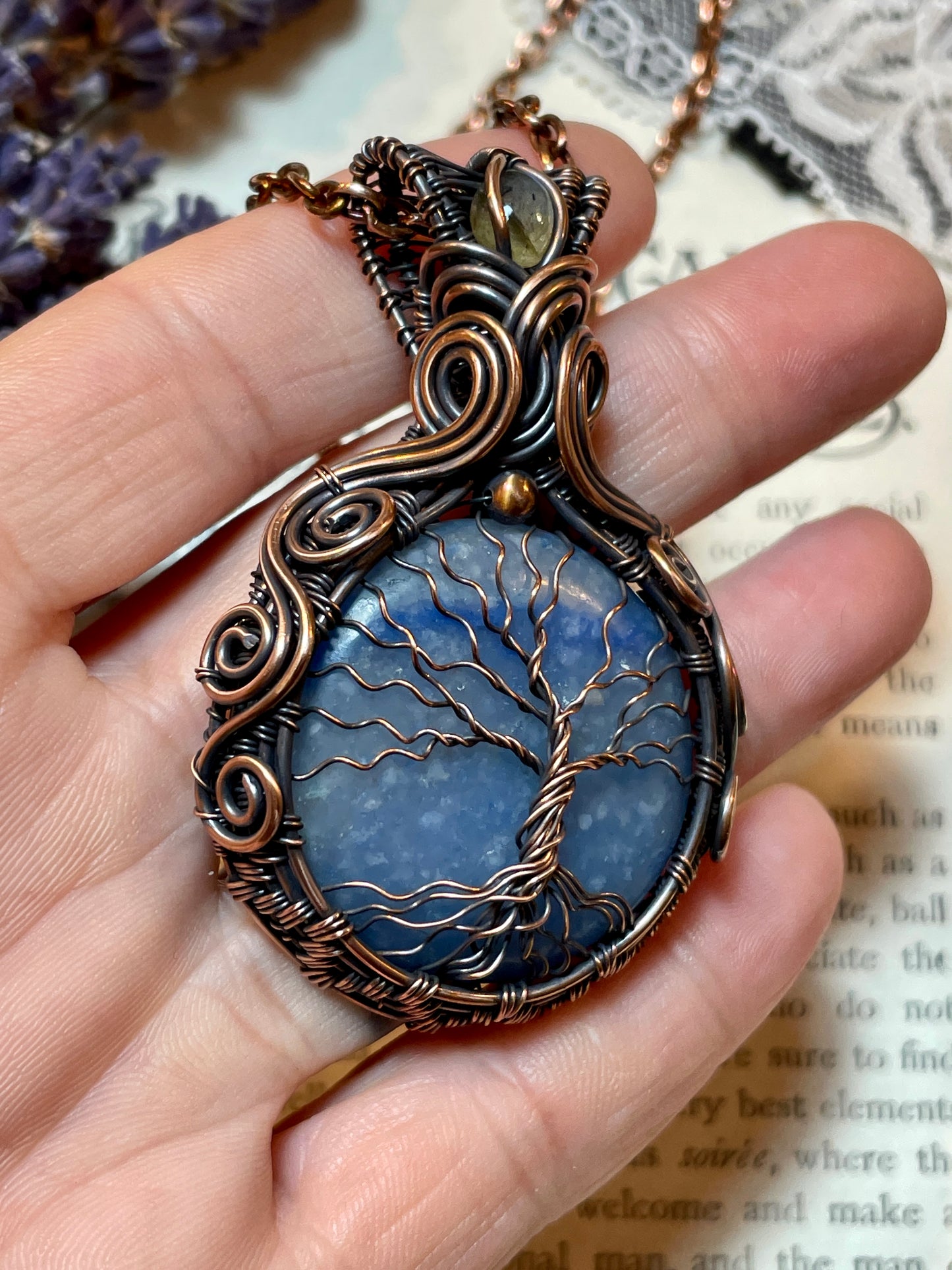 Quartz (Blue Quartz) Tree of Life Pendant in Copper