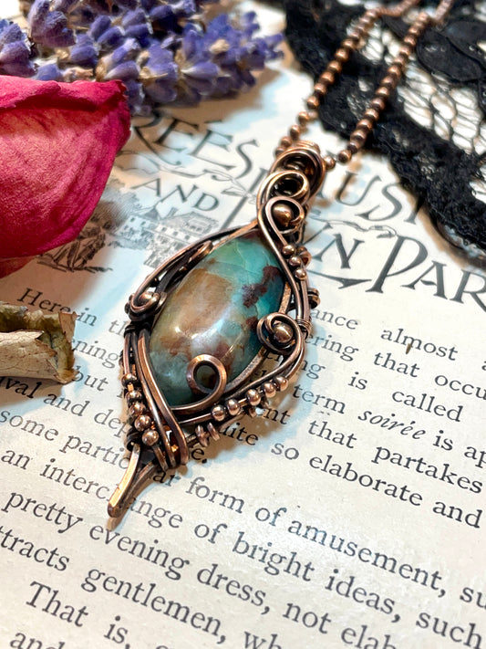 Chrysocolla Quartz Pendant in Copper