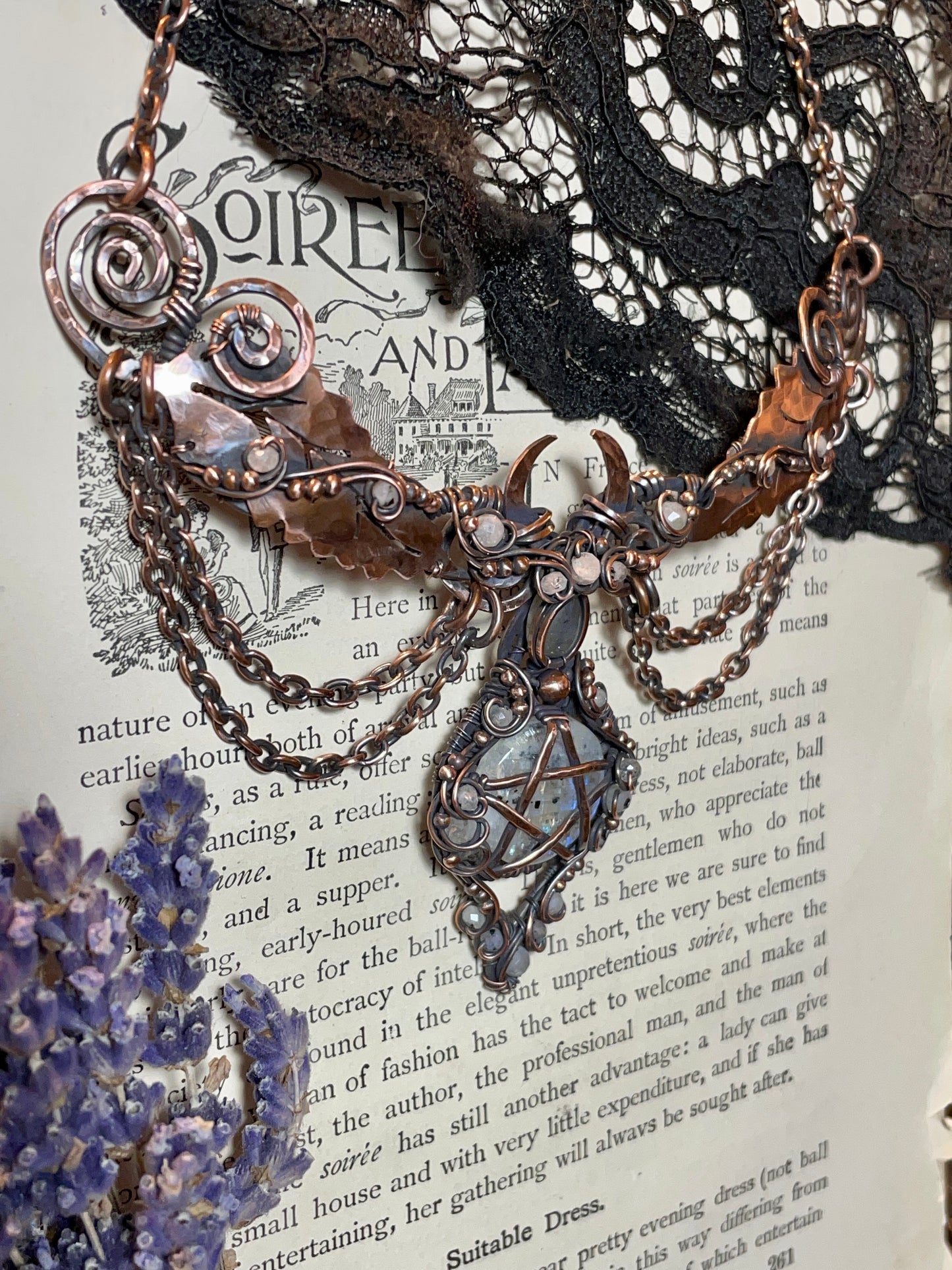 Moonstone (Rainbow Moonstone) Pentacle Collar in Copper