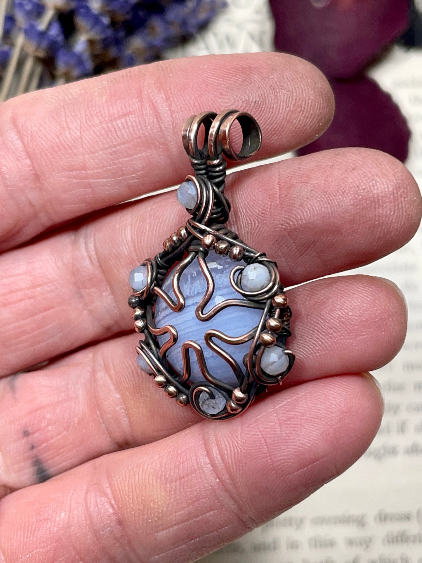 Blue Lace Agate Flower Pendant in Copper