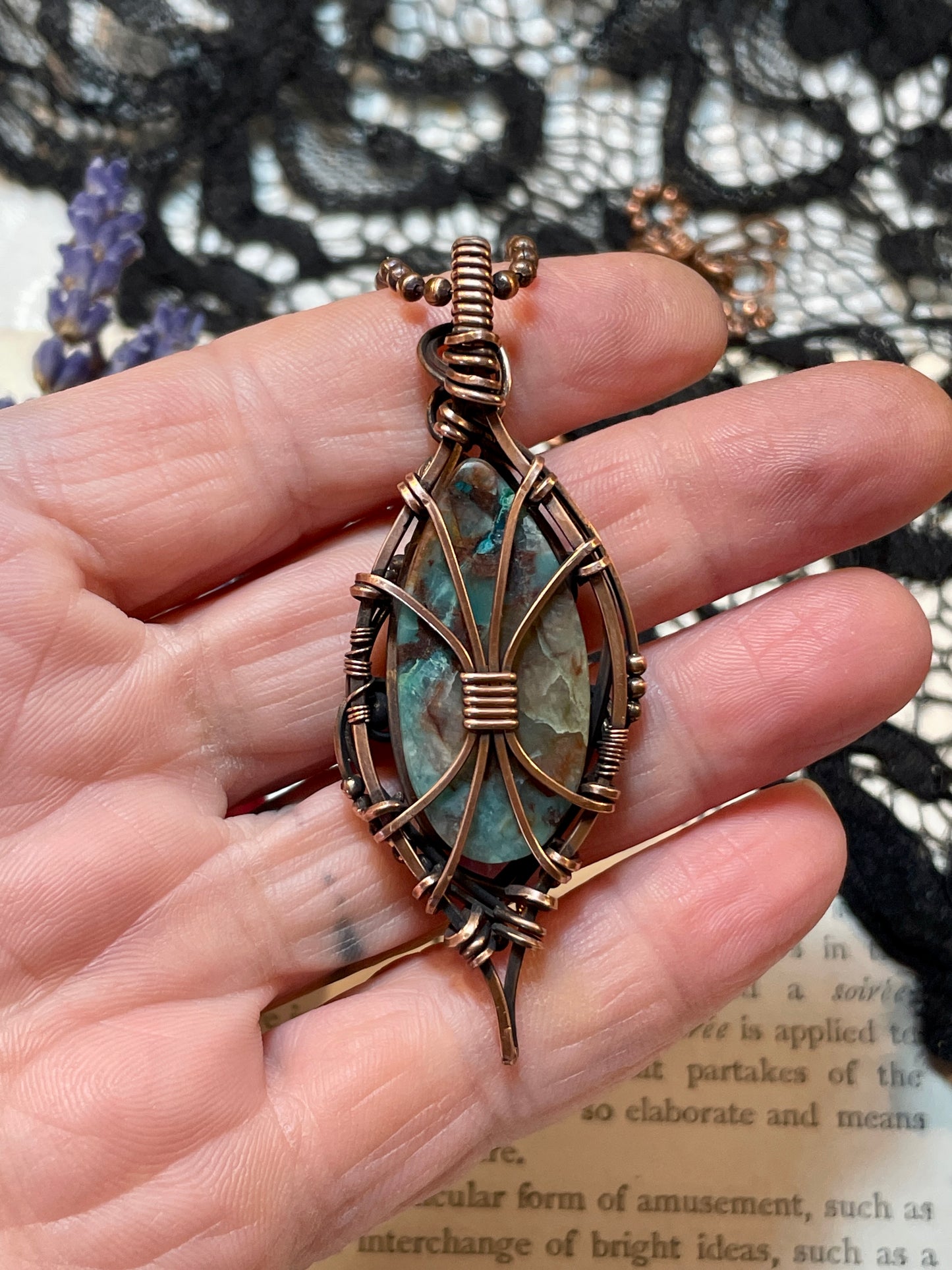 Chrysocolla Quartz Pendant in Copper