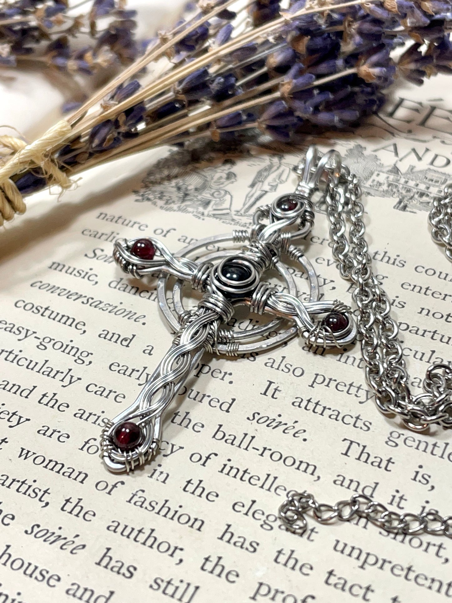Onyx and Garnet Celtic Cross Pendant in Stainless Steel