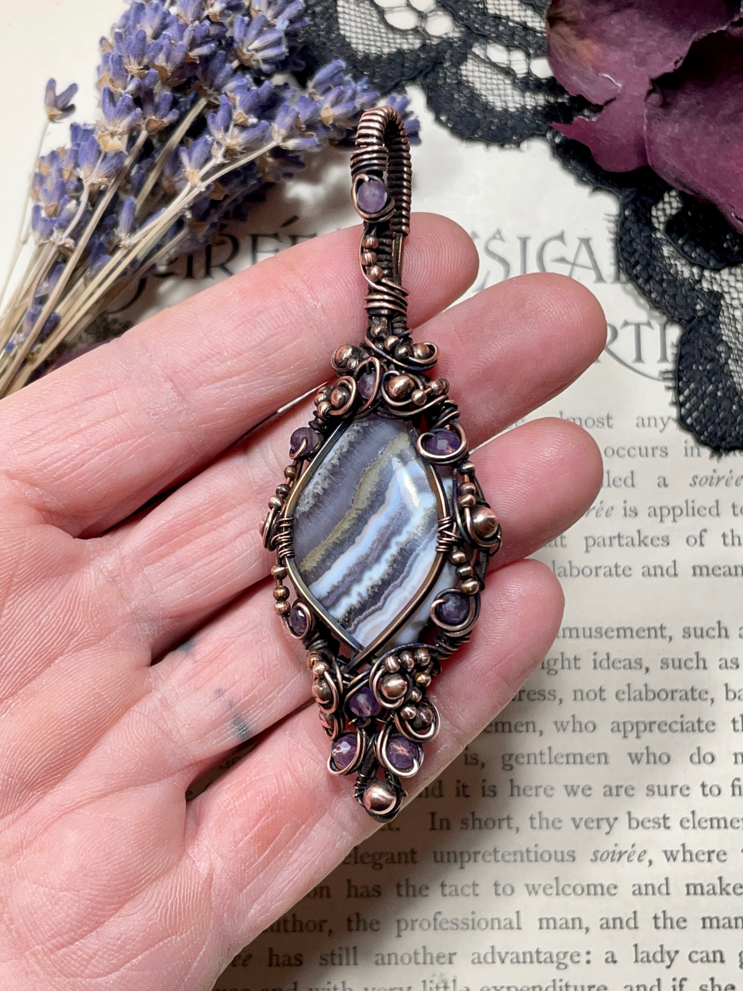 Amethyst Lace Agate Pendant in Copper