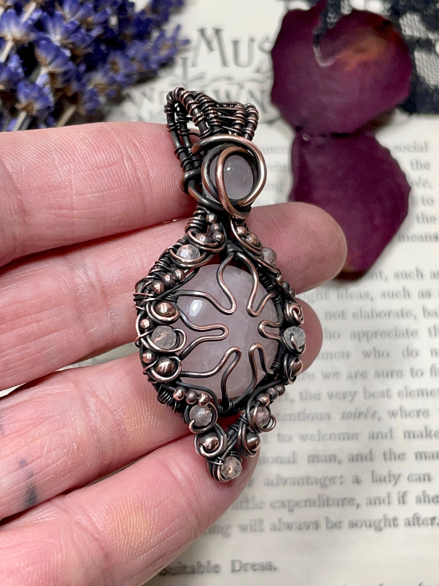 Rose Quartz Flower Pendant in Copper