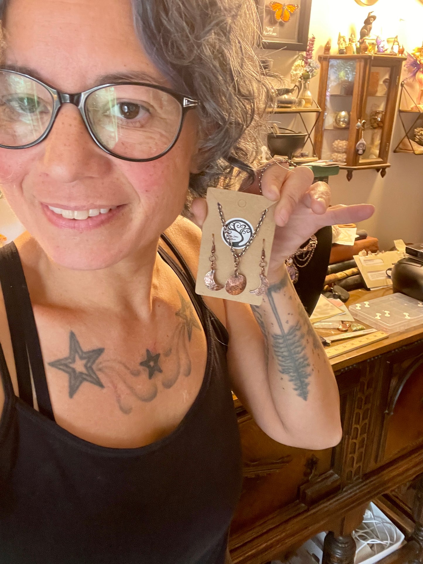 Triple Moon Pendant and Earring Set in Antiqued Copper