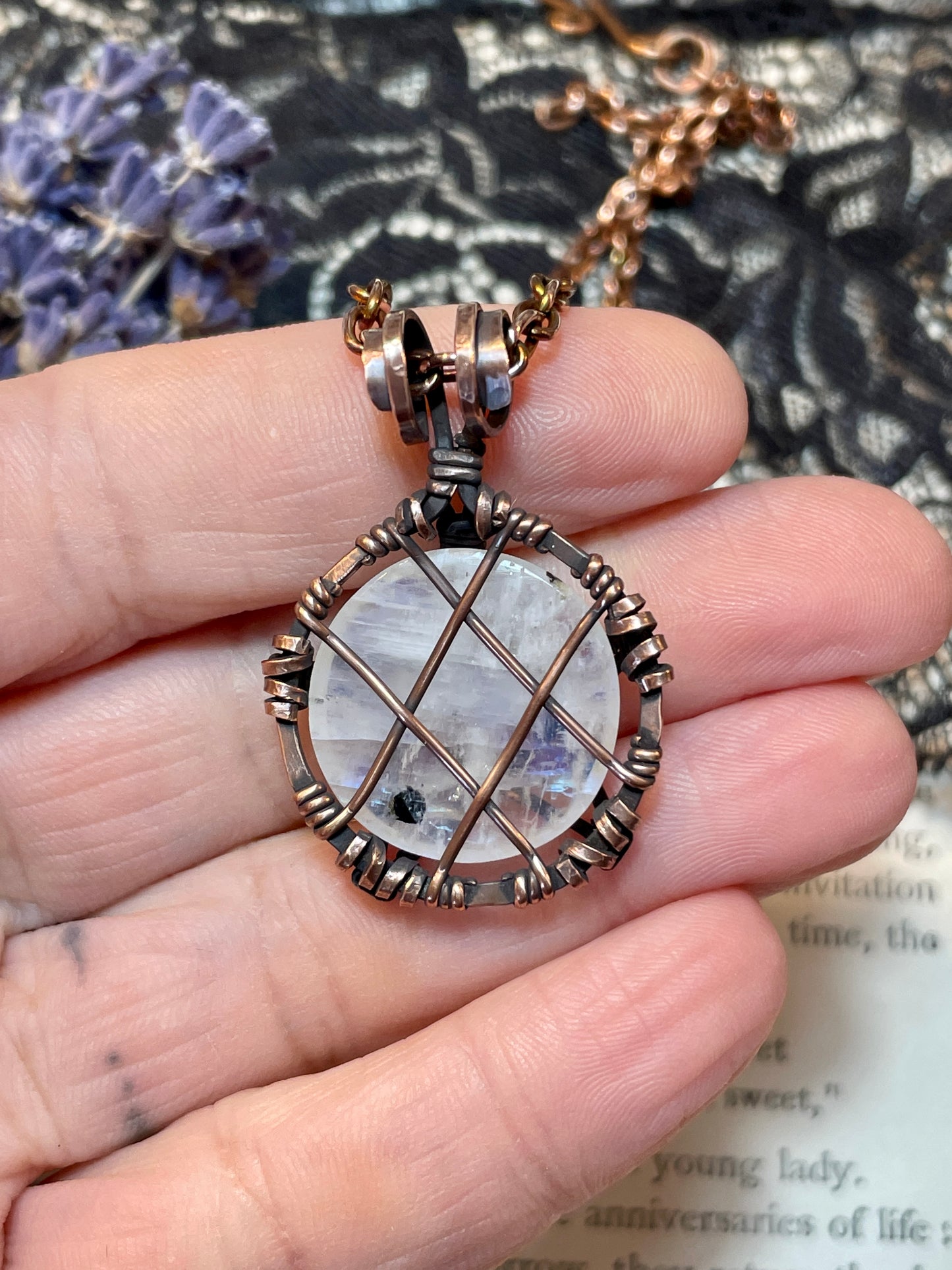 Moonstone (Rainbow Moonstone) Mini Pentacle Pendant in Antiqued Copper