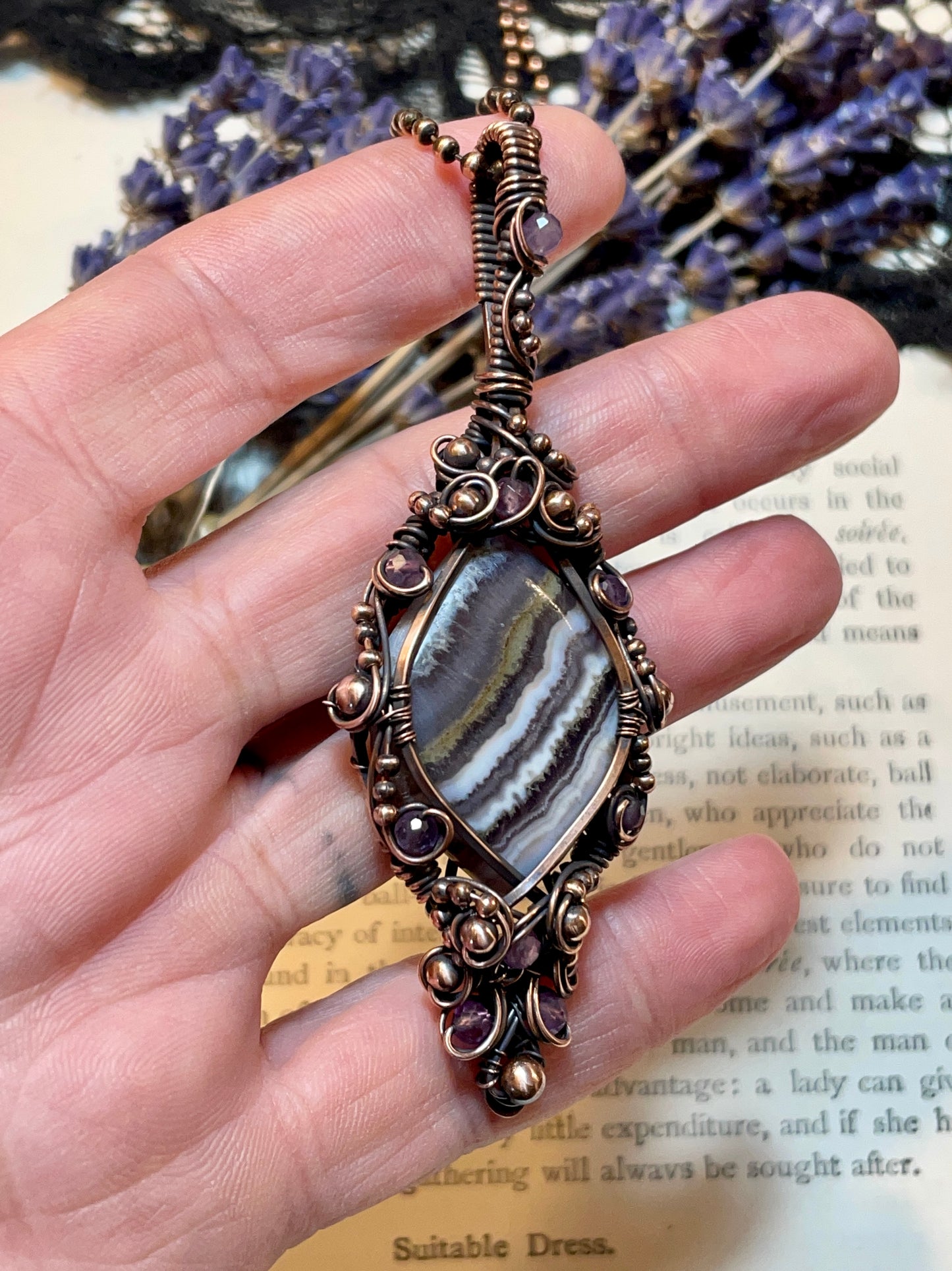 Amethyst Lace Agate Pendant in Copper