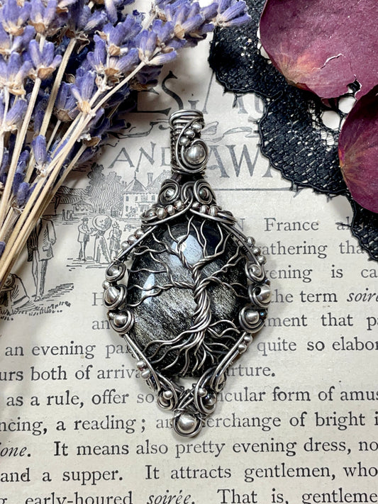 Obsidian (Silver Sheen Obsidian) Tree of Life Pendant in Sterling Silver