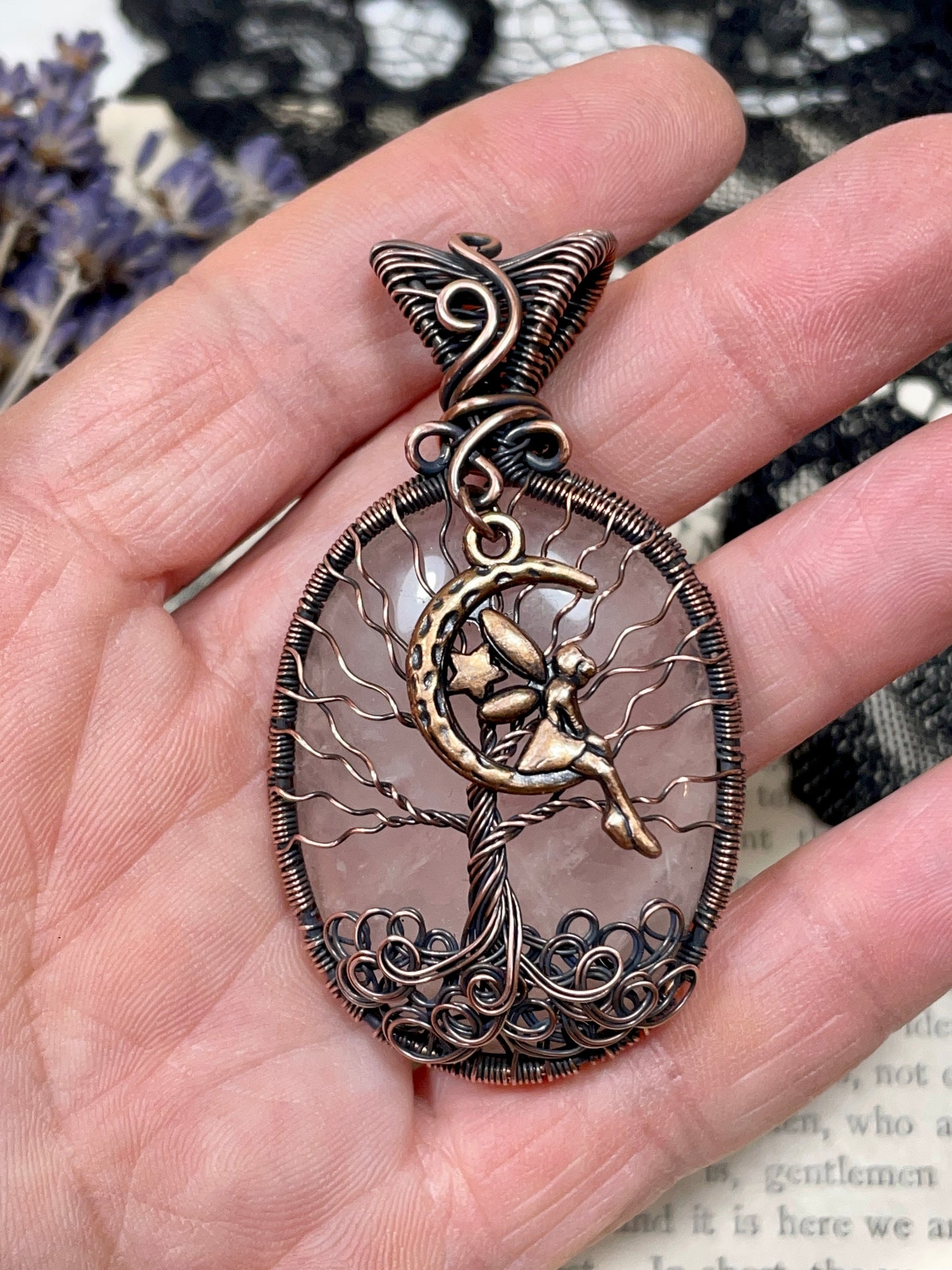 Rose Quartz Tree of Life Pendant in Copper