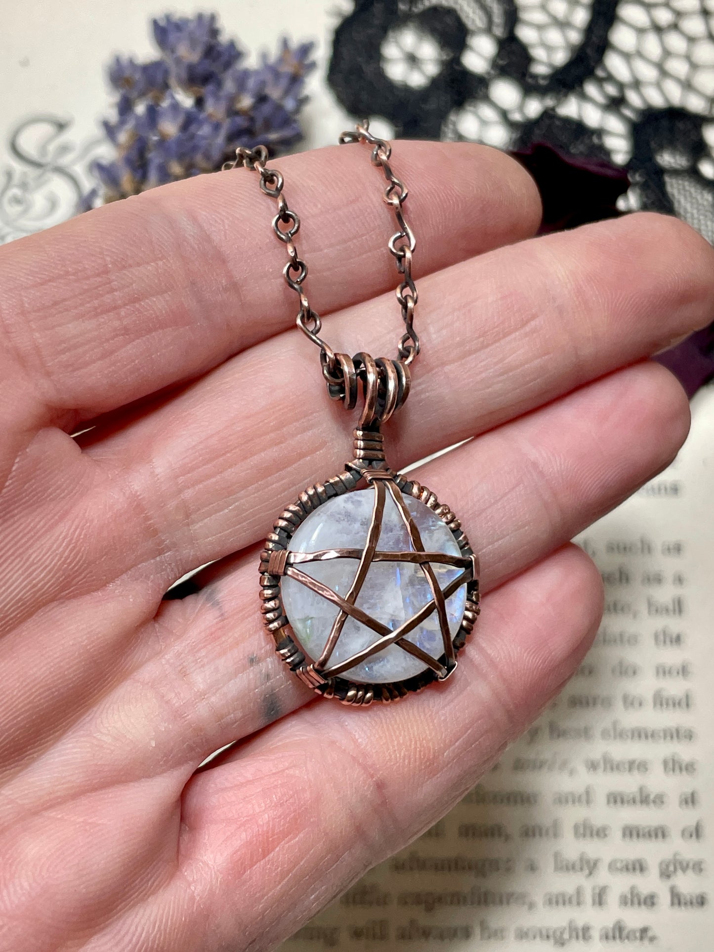 Moonstone (Rainbow Moonstone) Pentacle Pendant in Antiqued Copper