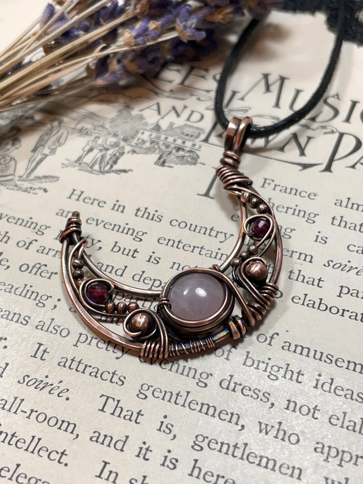 Rose Quartz & Garnet Crescent Moon Pendant in Copper