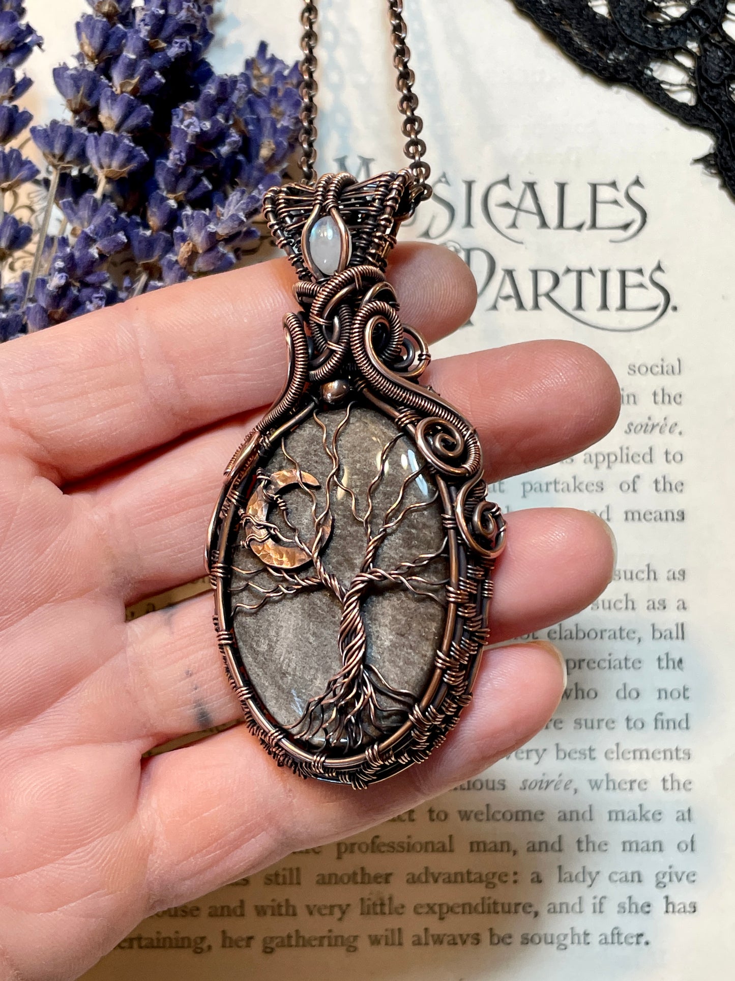 Obsidian (Silver Sheen Obsidian) Tree of Life Crescent Moon Amulet in Copper