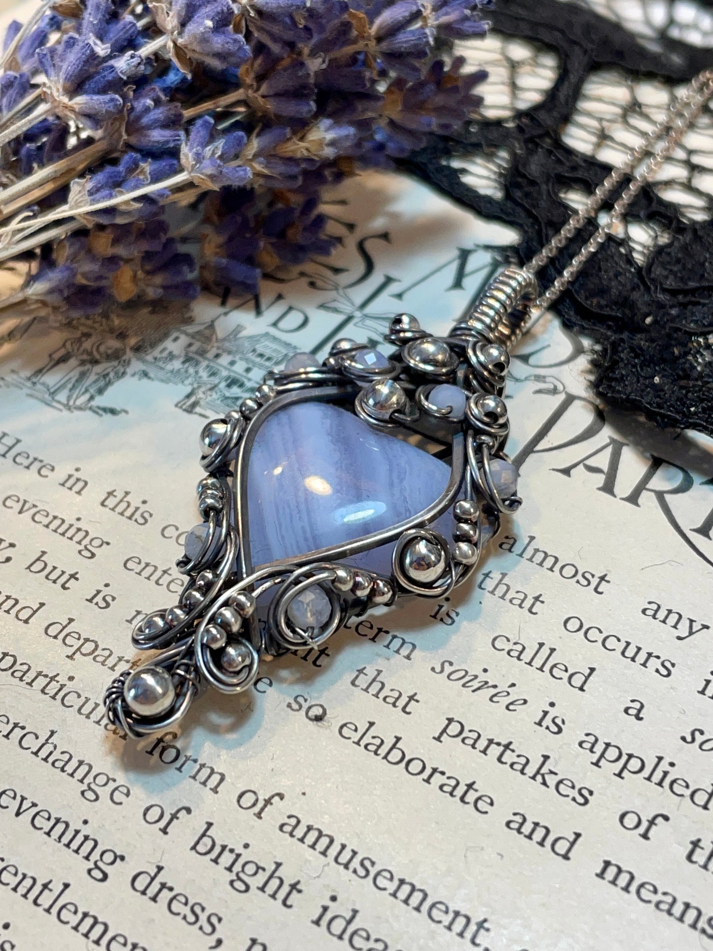 Blue Lace Agate Heart Pendant in Sterling Silver