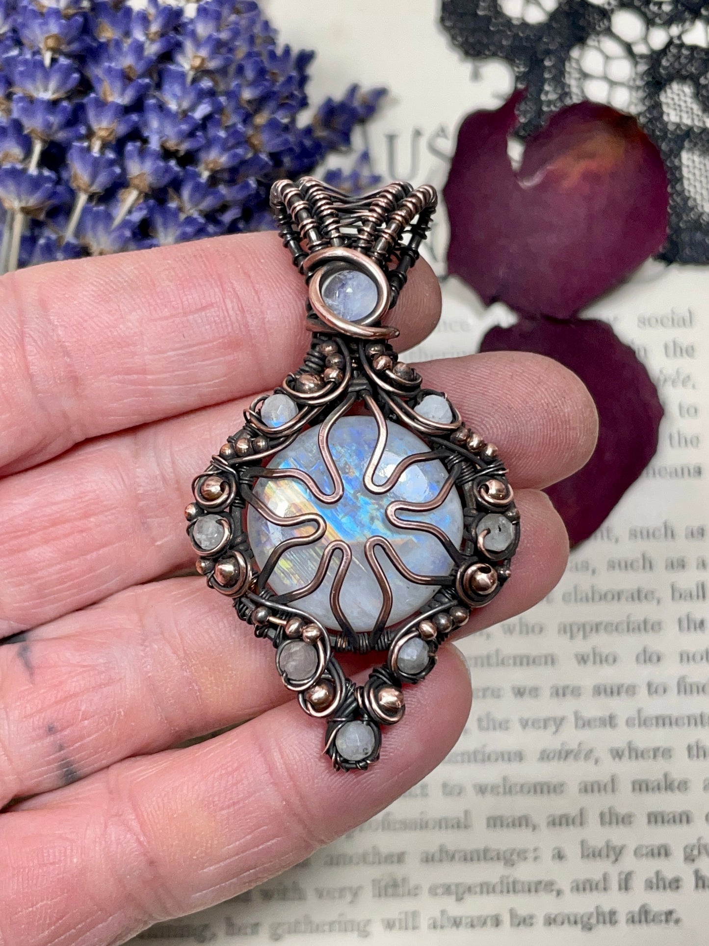 Rainbow Moonstone Flower Pendant in Copper