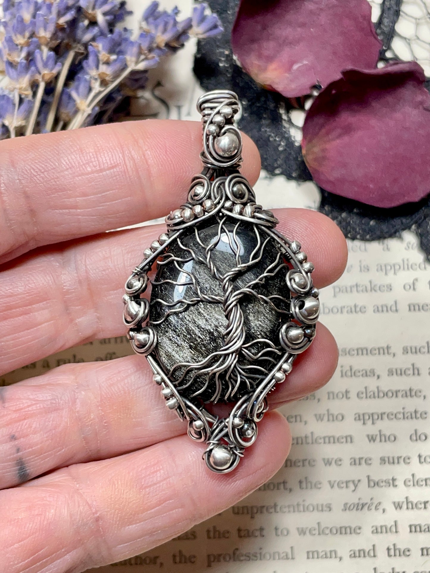Obsidian (Silver Sheen Obsidian) Tree of Life Pendant in Sterling Silver
