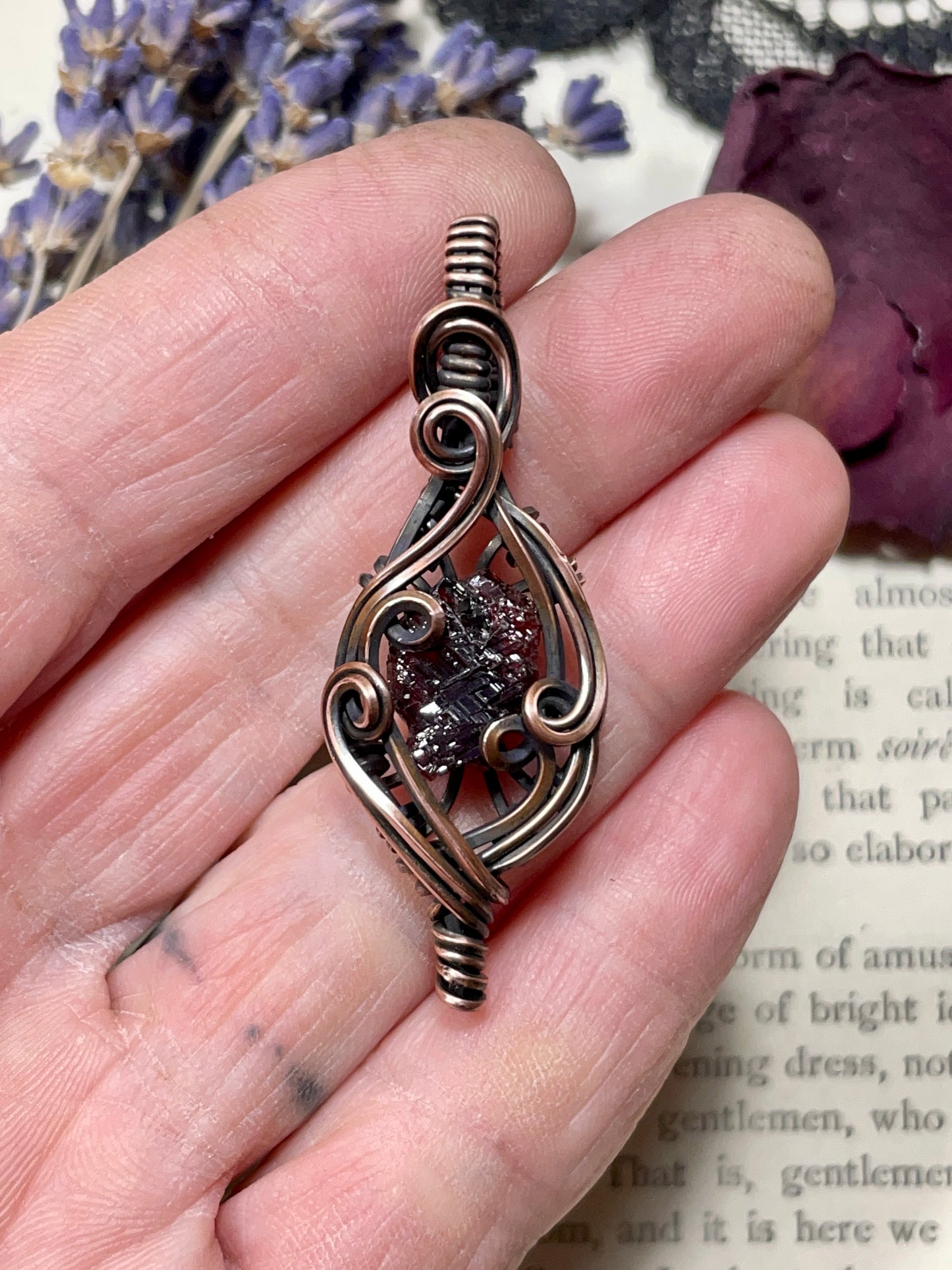 Garnet (Natural Raw Etched Spessartine Garnet) Pendant in Copper