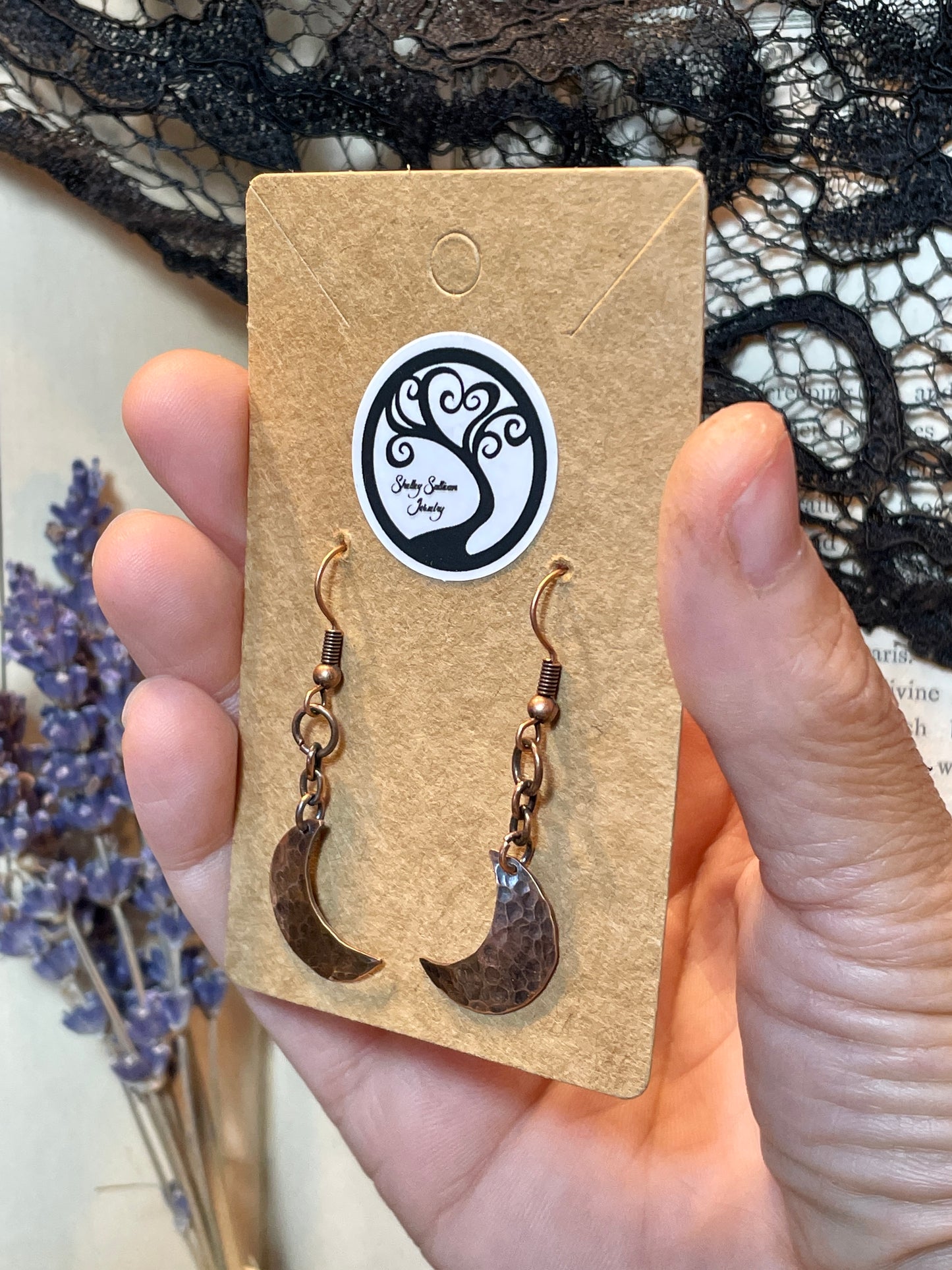 Crescent Moon Earrings in Antiqued Copper