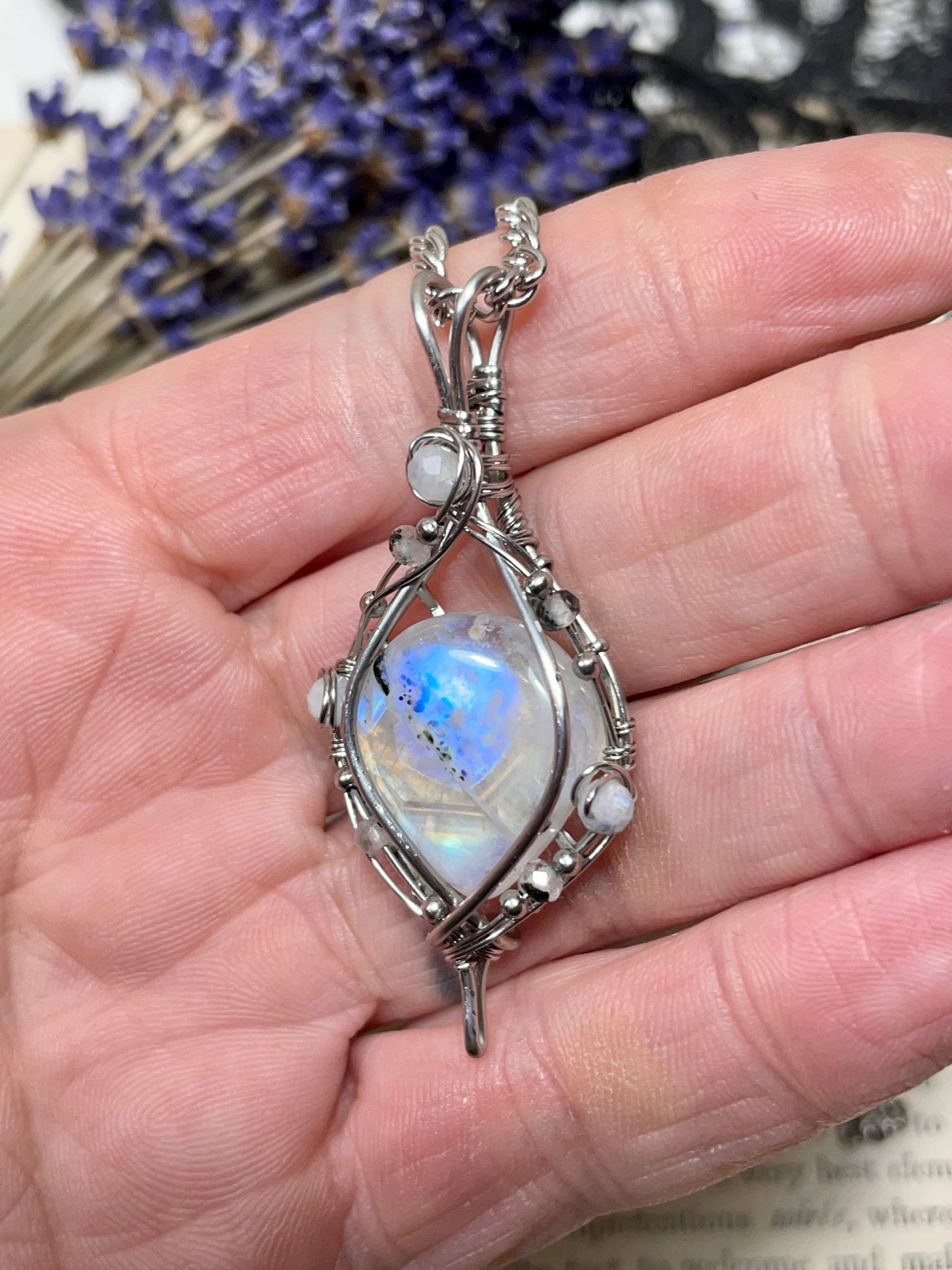 Moonstone (Rainbow Moonstone) Pendant in Stainless Steel