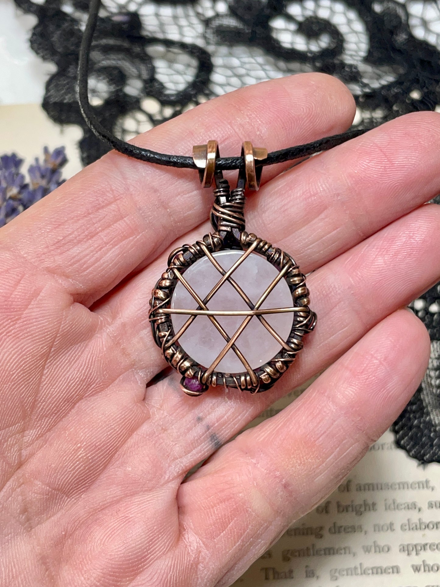 Rose Quartz and Ruby Pentacle Pendant in Copper