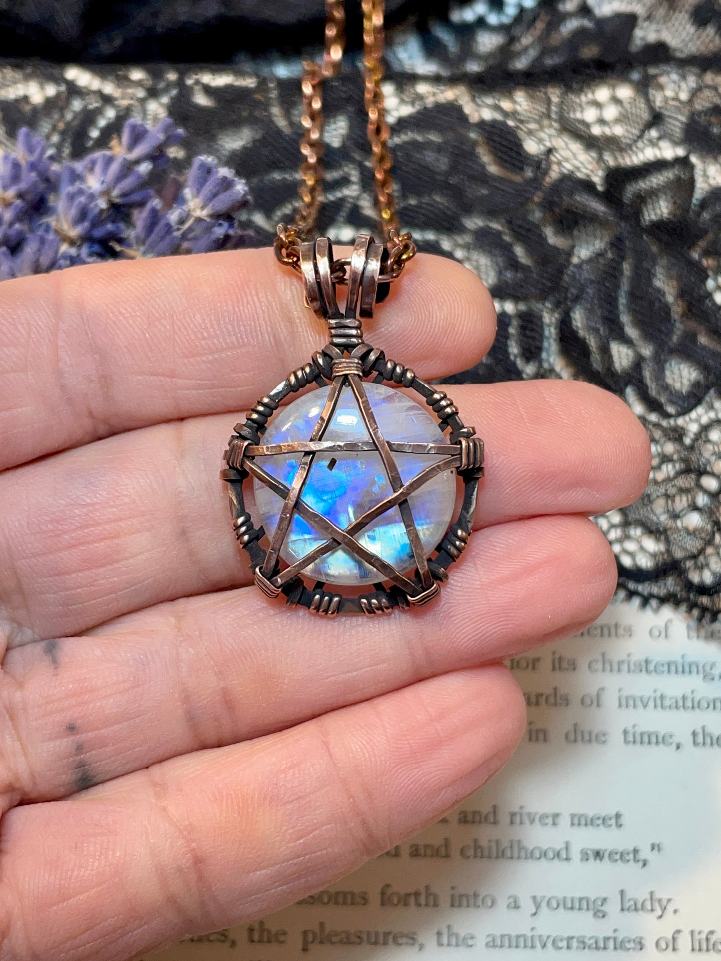 Moonstone (Rainbow Moonstone) Mini Pentacle Pendant in Antiqued Copper