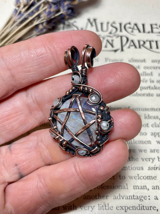 Rainbow Moonstone Pentacle Pendant in Copper