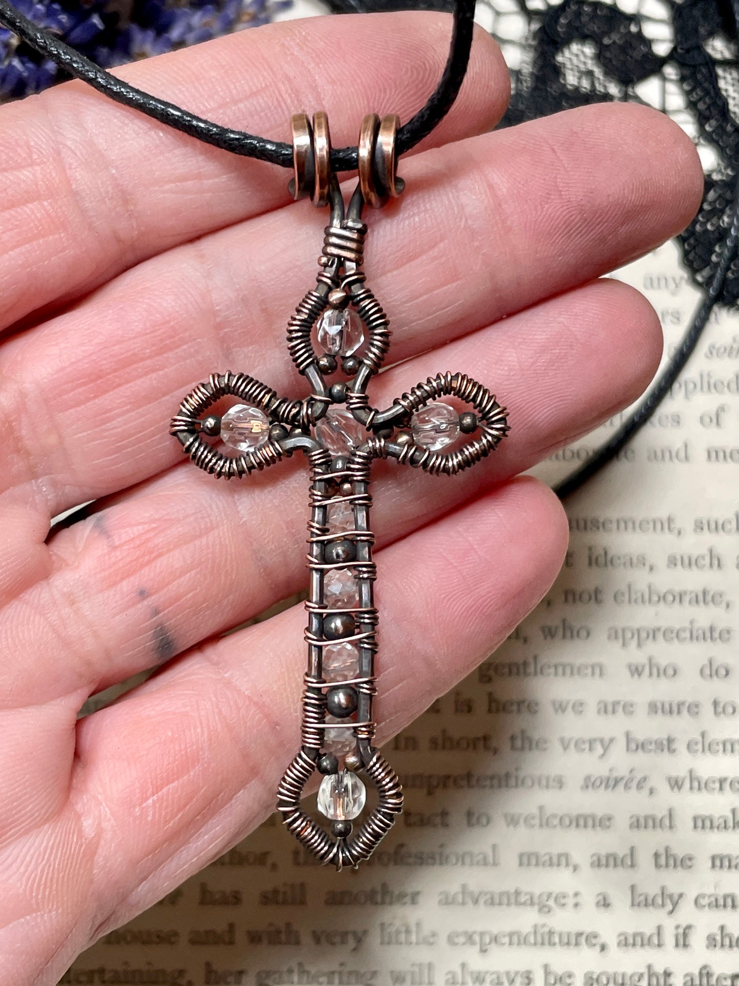 Quartz Gothic Cross Pendant in Antiqued Copper