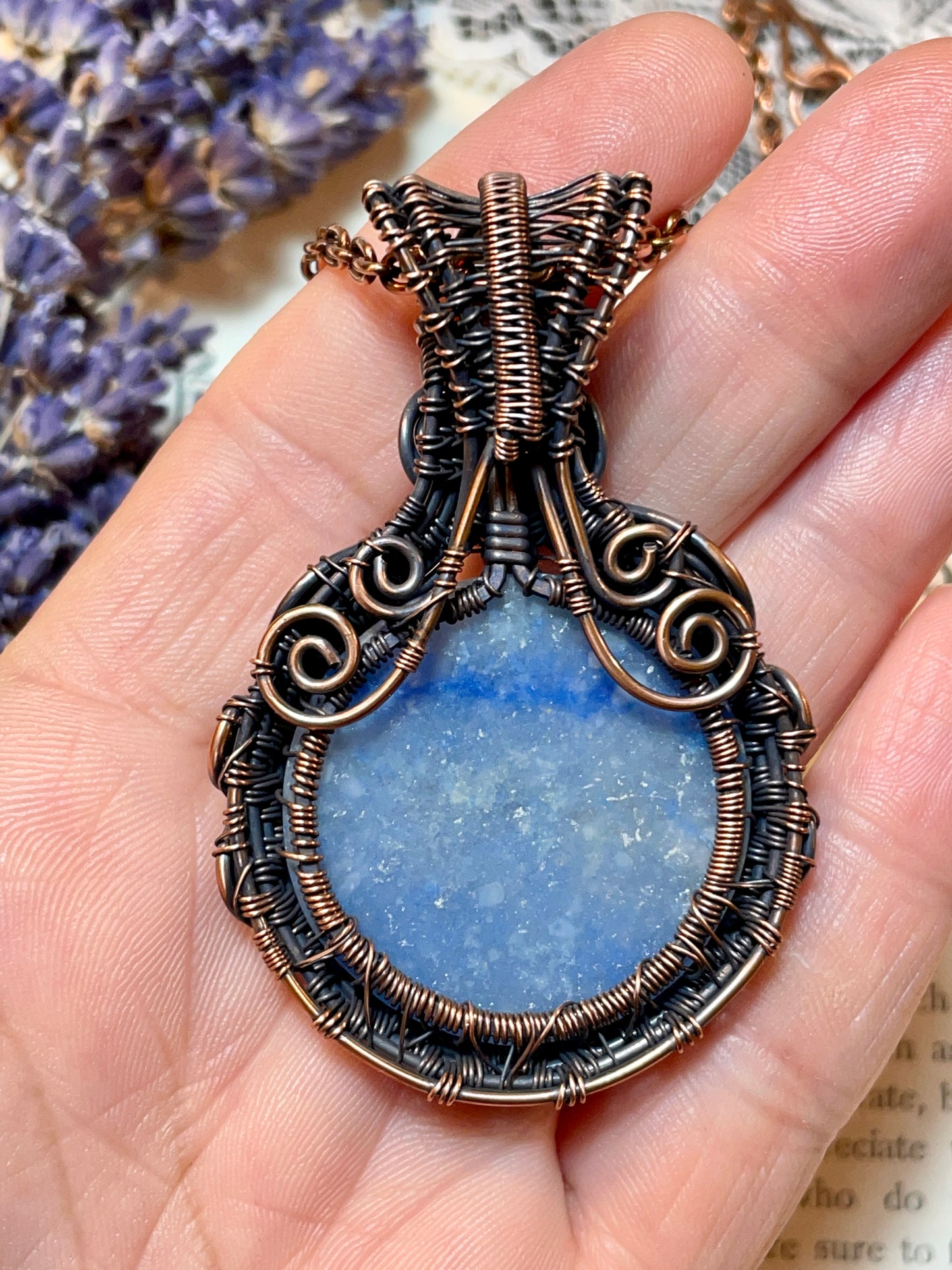 Quartz (Blue Quartz) Tree of Life Pendant in Copper