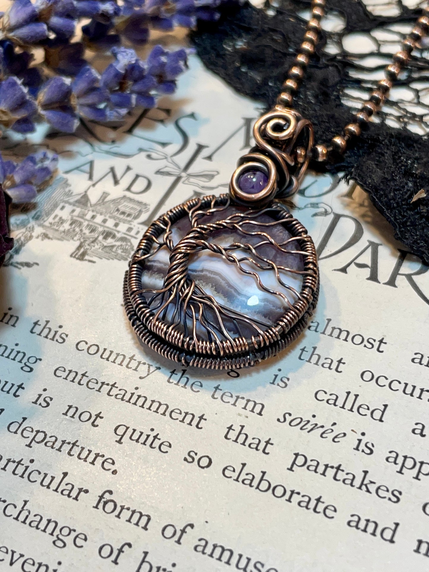 Amethyst Lace Agate mini Tree of Life Pendant in Copper