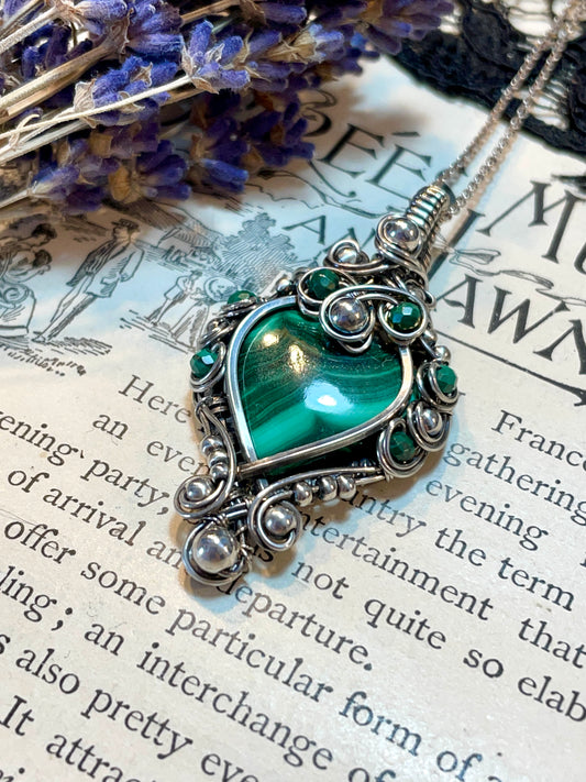 Malachite Heart Pendant in Sterling Silver