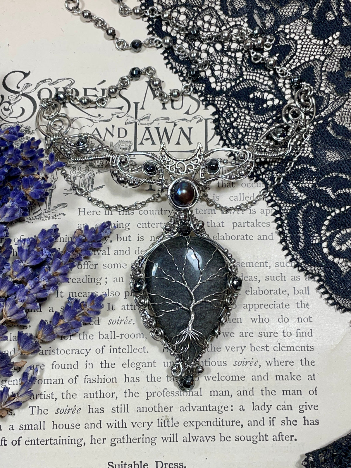 Obsidian (Silver Sheen Obsidian) Tree of Life Collar in Stainless Steel